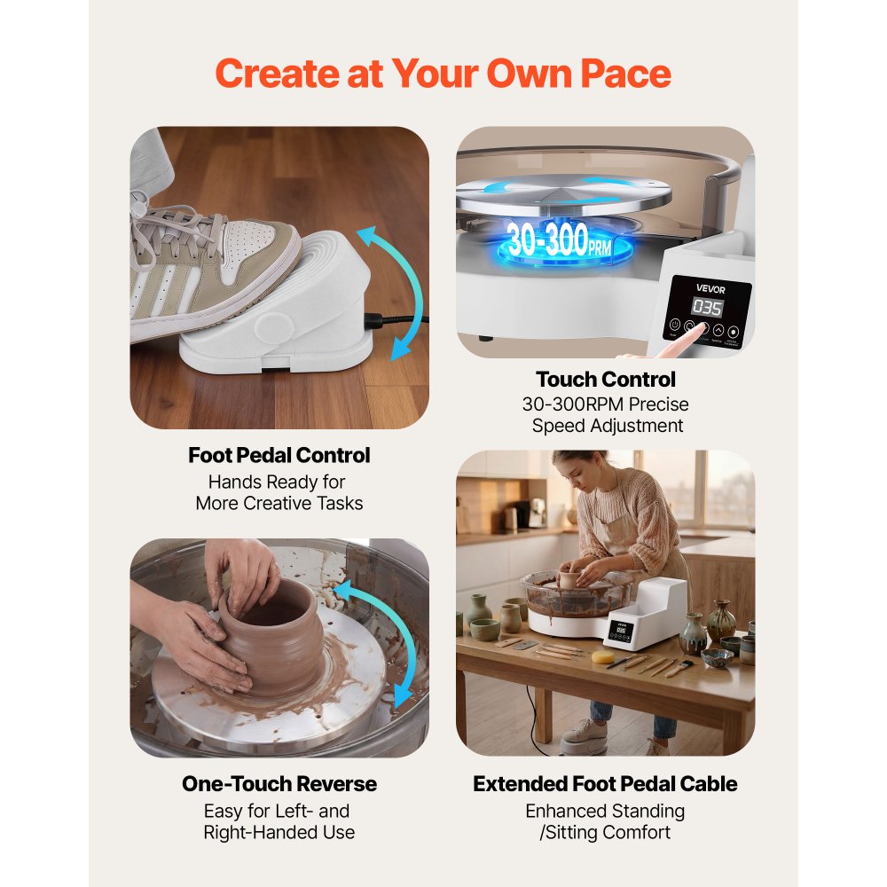 VEVOR Tornio da Ceramica Elettrico Bianco da 450W con Pedale, Piatti Girevoli da 36 e 28 cm, Velocità Regolabile da 30 a 300 giri/min, Vasca Rimovibile, per Principianti Lavorazione Argilla Creta