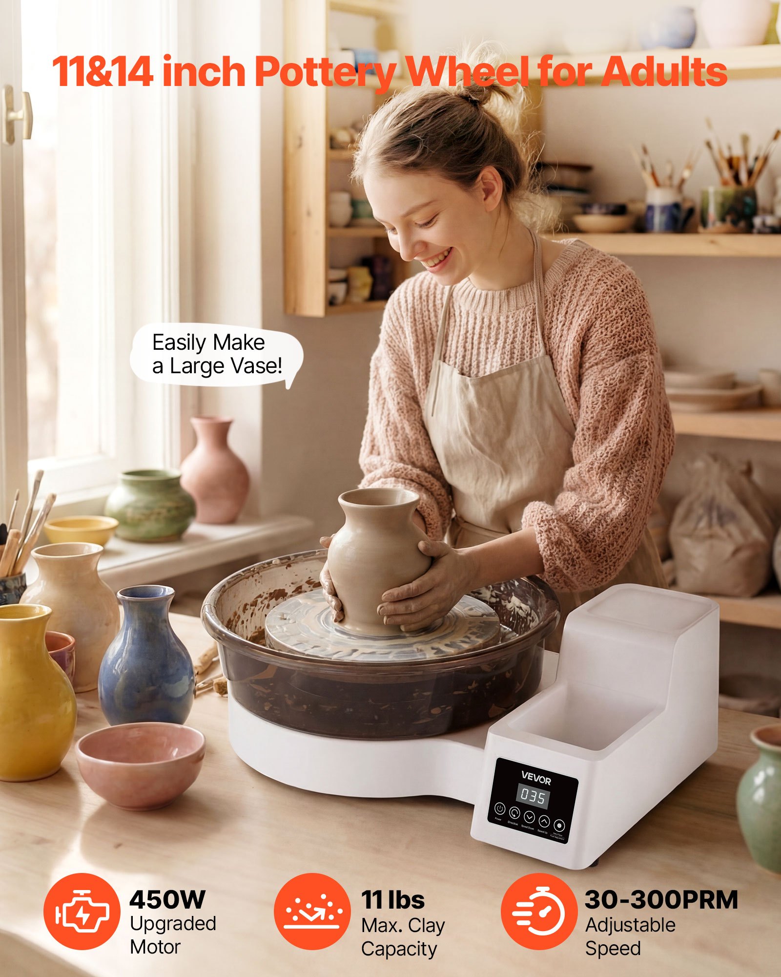 VEVOR Tornio da Ceramica Elettrico Bianco da 450W con Pedale, Piatti Girevoli da 36 e 28 cm, Velocità Regolabile da 30 a 300 giri/min, Vasca Rimovibile, per Principianti Lavorazione Argilla Creta