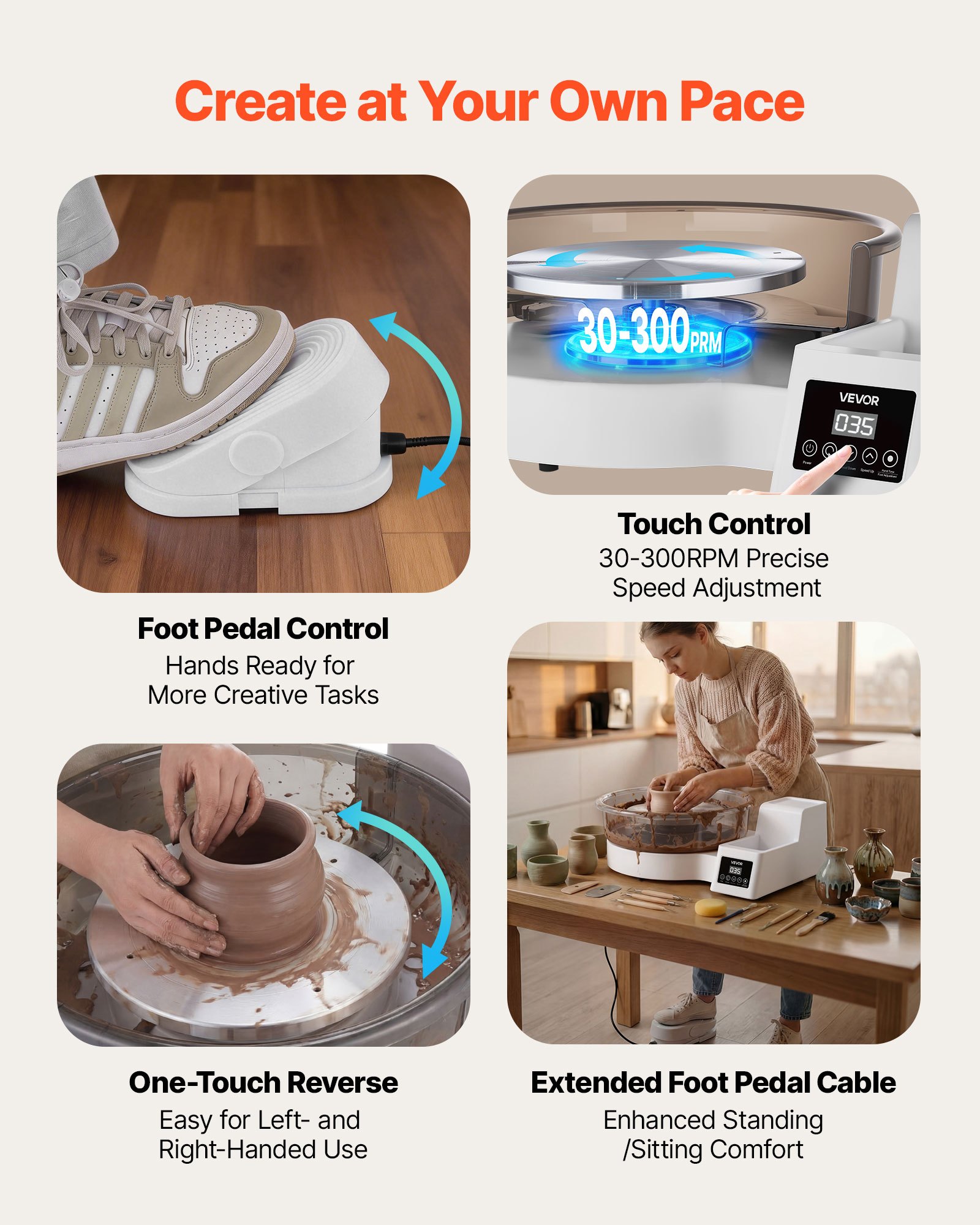 VEVOR Tornio da Ceramica Elettrico Bianco da 450W con Pedale, Piatti Girevoli da 36 e 28 cm, Velocità Regolabile da 30 a 300 giri/min, Vasca Rimovibile, per Principianti Lavorazione Argilla Creta