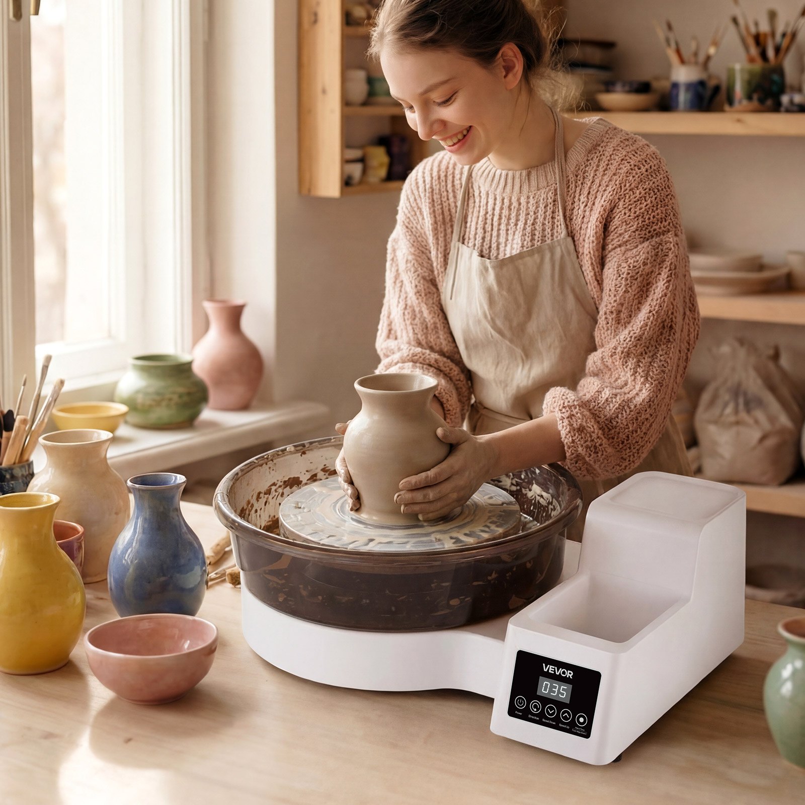 VEVOR Tornio da Ceramica Elettrico Bianco da 450W con Pedale, Piatti Girevoli da 36 e 28 cm, Velocità Regolabile da 30 a 300 giri/min, Vasca Rimovibile, per Principianti Lavorazione Argilla Creta