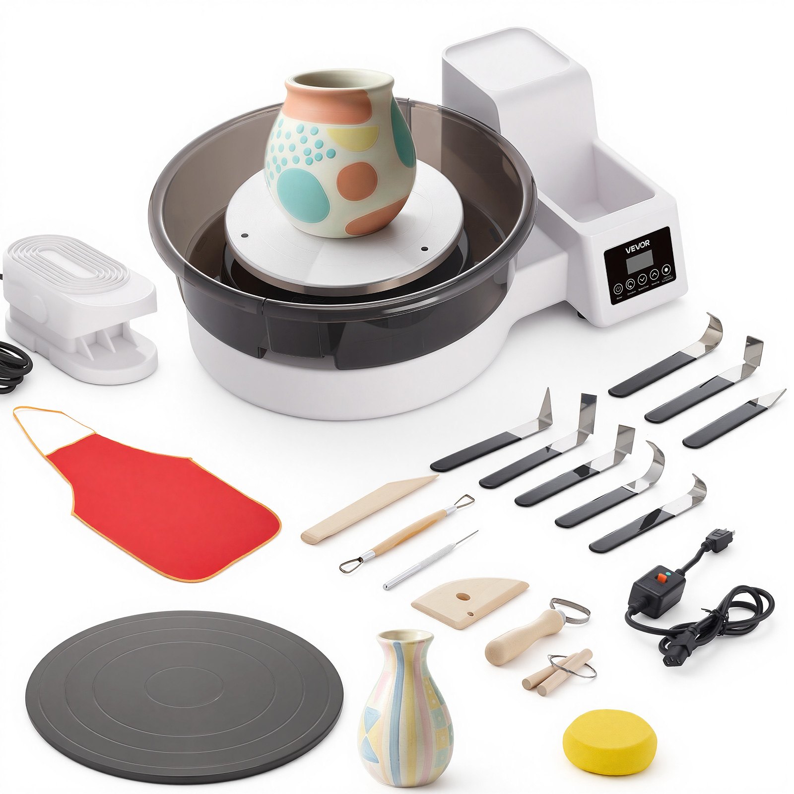VEVOR Tornio da Ceramica Elettrico Bianco da 450W con Pedale, Piatti Girevoli da 36 e 28 cm, Velocità Regolabile da 30 a 300 giri/min, Vasca Rimovibile, per Principianti Lavorazione Argilla Creta