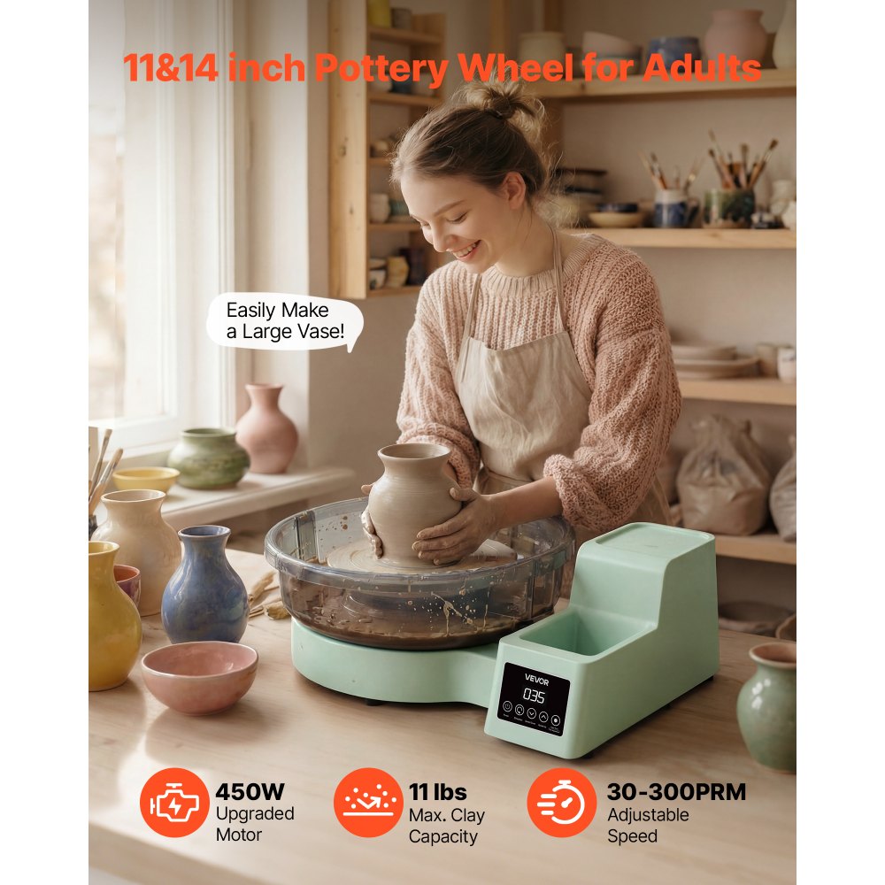 VEVOR Tornio Girevole da 36 e 28 cm Verde Vasca Rimovibile, Giradischi per Ceramica da Tavolo da 450 W con Pedale, Velocità Regolabile da 30 a 300 giri/min, per Principianti Artigianato Fai Da Te