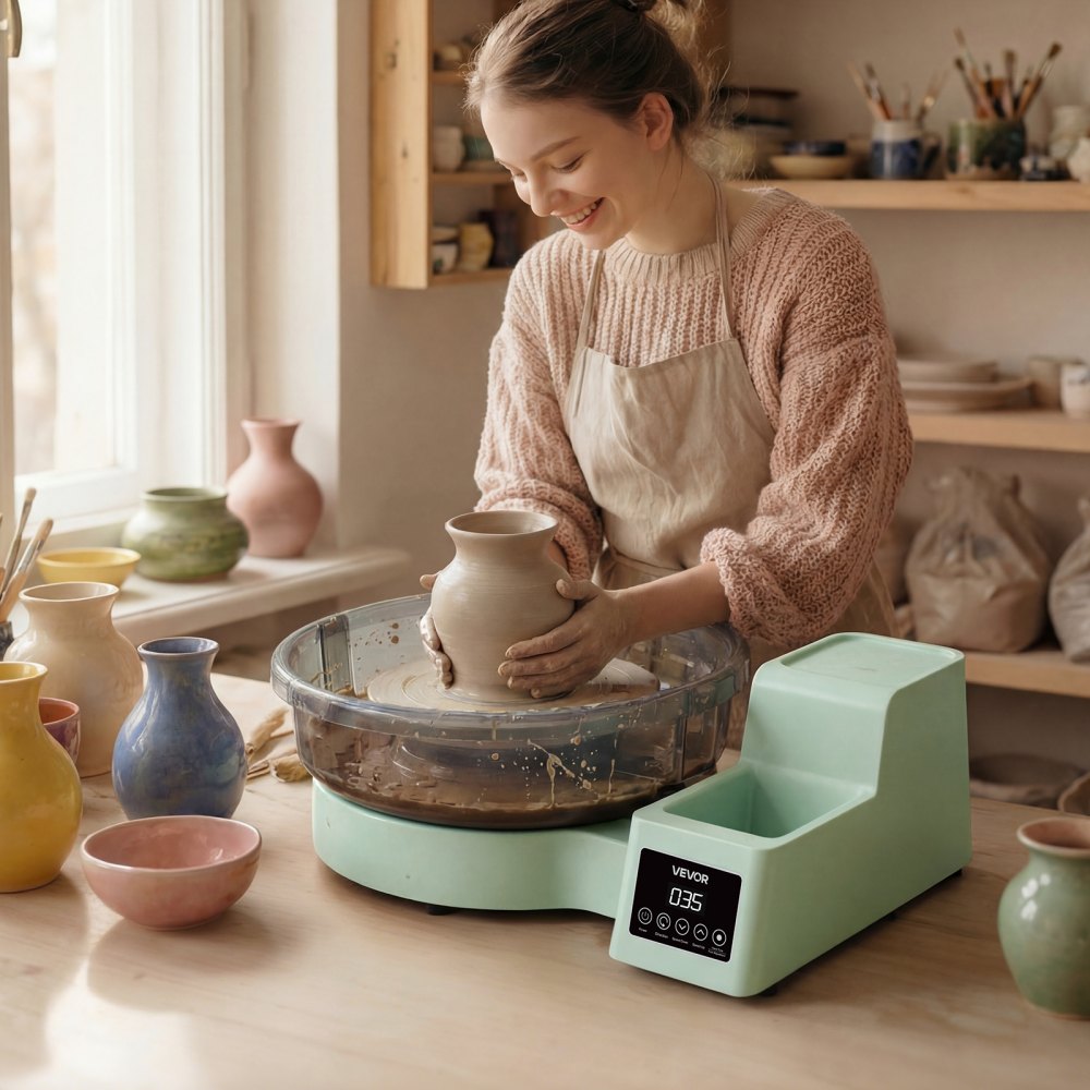 VEVOR Tornio Girevole da 36 e 28 cm Verde Vasca Rimovibile, Giradischi per Ceramica da Tavolo da 450 W con Pedale, Velocità Regolabile da 30 a 300 giri/min, per Principianti Artigianato Fai Da Te
