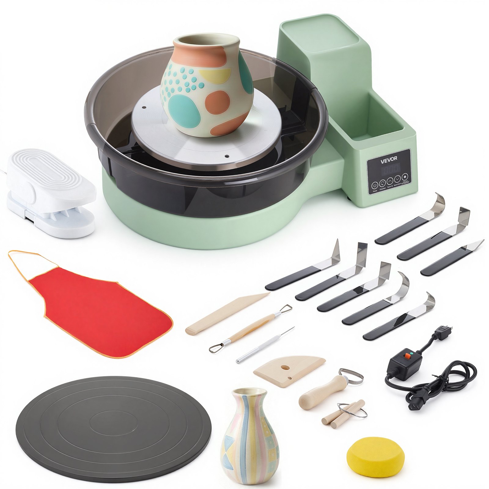 VEVOR Tornio Girevole da 36 e 28 cm Verde Vasca Rimovibile, Giradischi per Ceramica da Tavolo da 450 W con Pedale, Velocità Regolabile da 30 a 300 giri/min, per Principianti Artigianato Fai Da Te