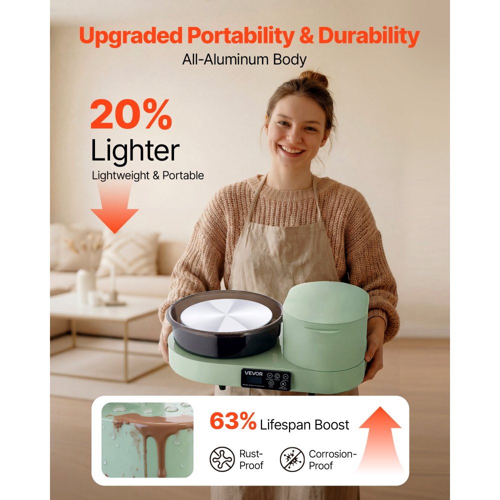 VEVOR Tornio per Argilla in Alluminio Piatto da 28cm Colore Verde, Tornio da Banco Elettrico da 450W con Pedale, Velocità Regolabile da 30 a 300 giri/min, per Creta Principianti Artigianato Fai Da Te