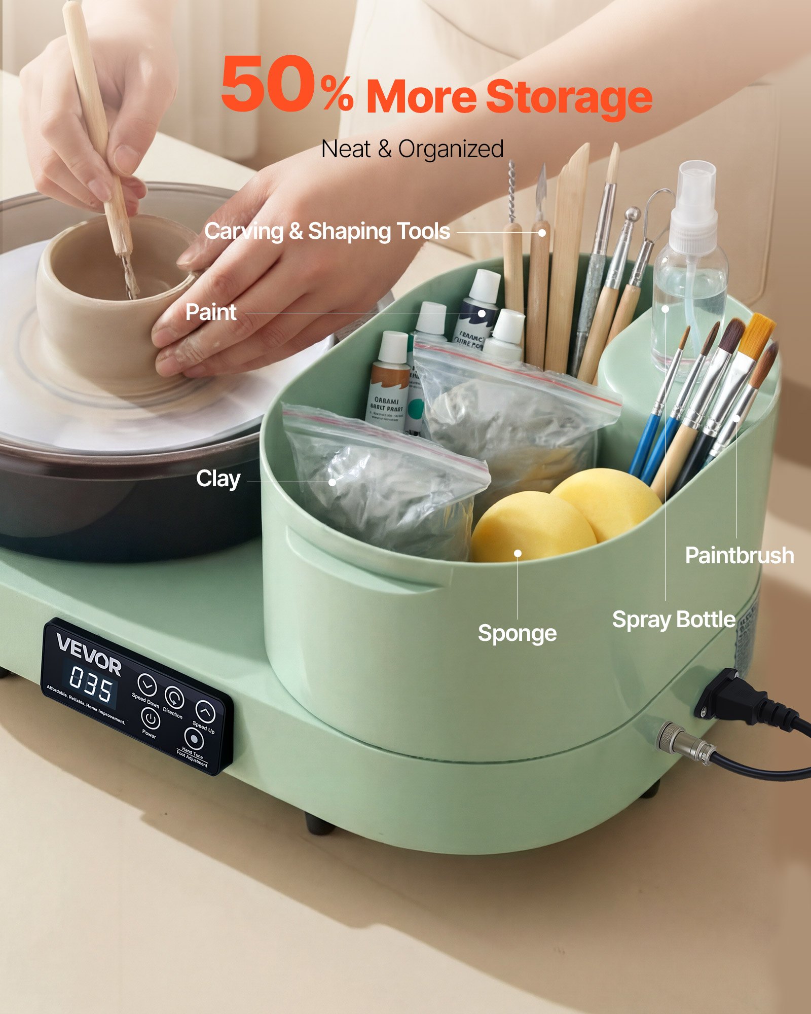 VEVOR Tornio per Argilla in Alluminio Piatto da 28cm Colore Verde, Tornio da Banco Elettrico da 450W con Pedale, Velocità Regolabile da 30 a 300 giri/min, per Creta Principianti Artigianato Fai Da Te