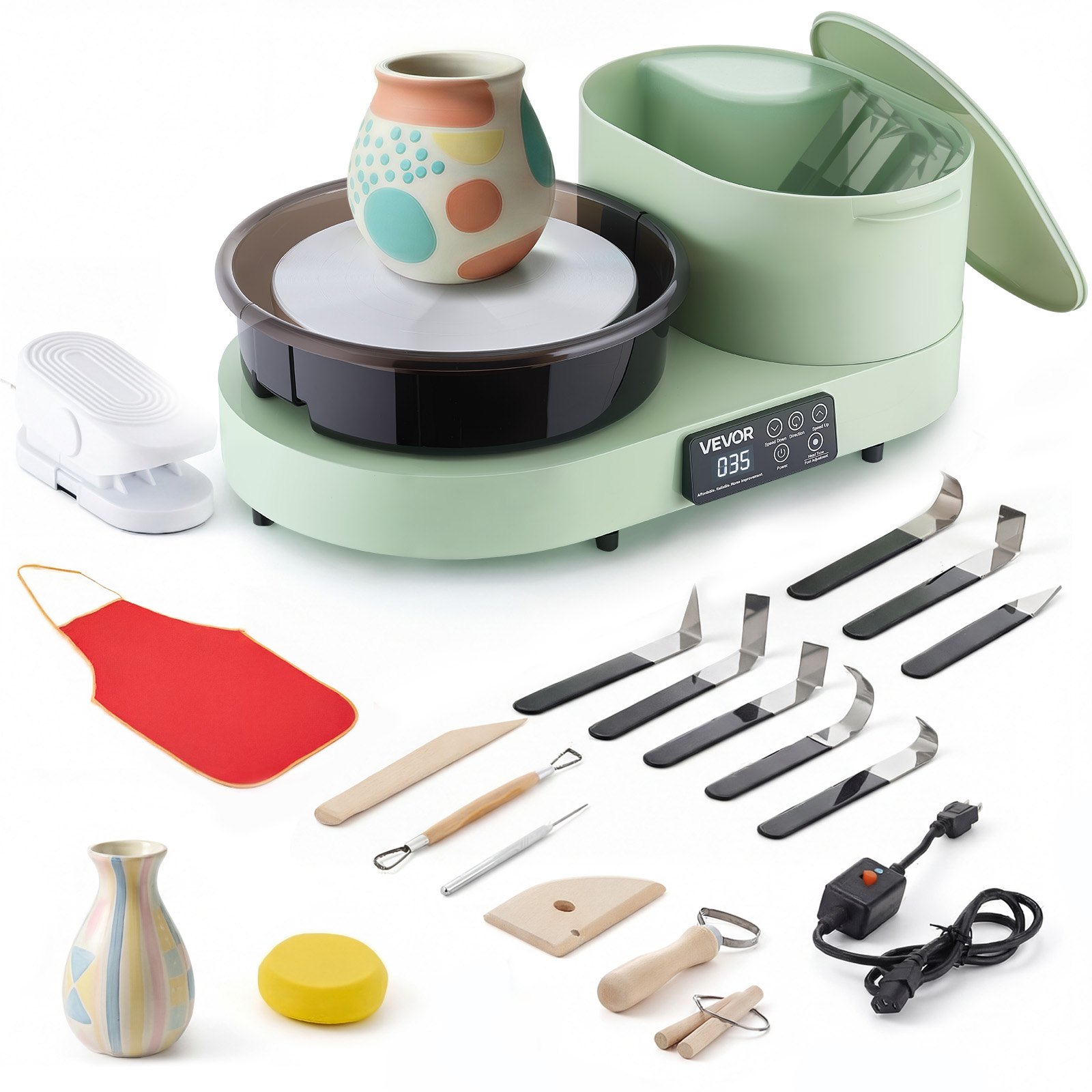 VEVOR Tornio per Argilla in Alluminio Piatto da 28cm Colore Verde, Tornio da Banco Elettrico da 450W con Pedale, Velocità Regolabile da 30 a 300 giri/min, per Creta Principianti Artigianato Fai Da Te