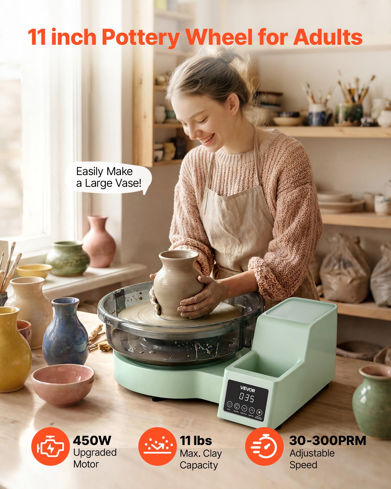 VEVOR Pottery Wheel for Adults, 28 cm Aluminum Turntable, 450W Electric Table Top Pottery Wheel with Foot Pedal, 30-300 RPM Adjustable Speed, Detachable Basin, for Beginners, DIY Clay Art Craft, Green