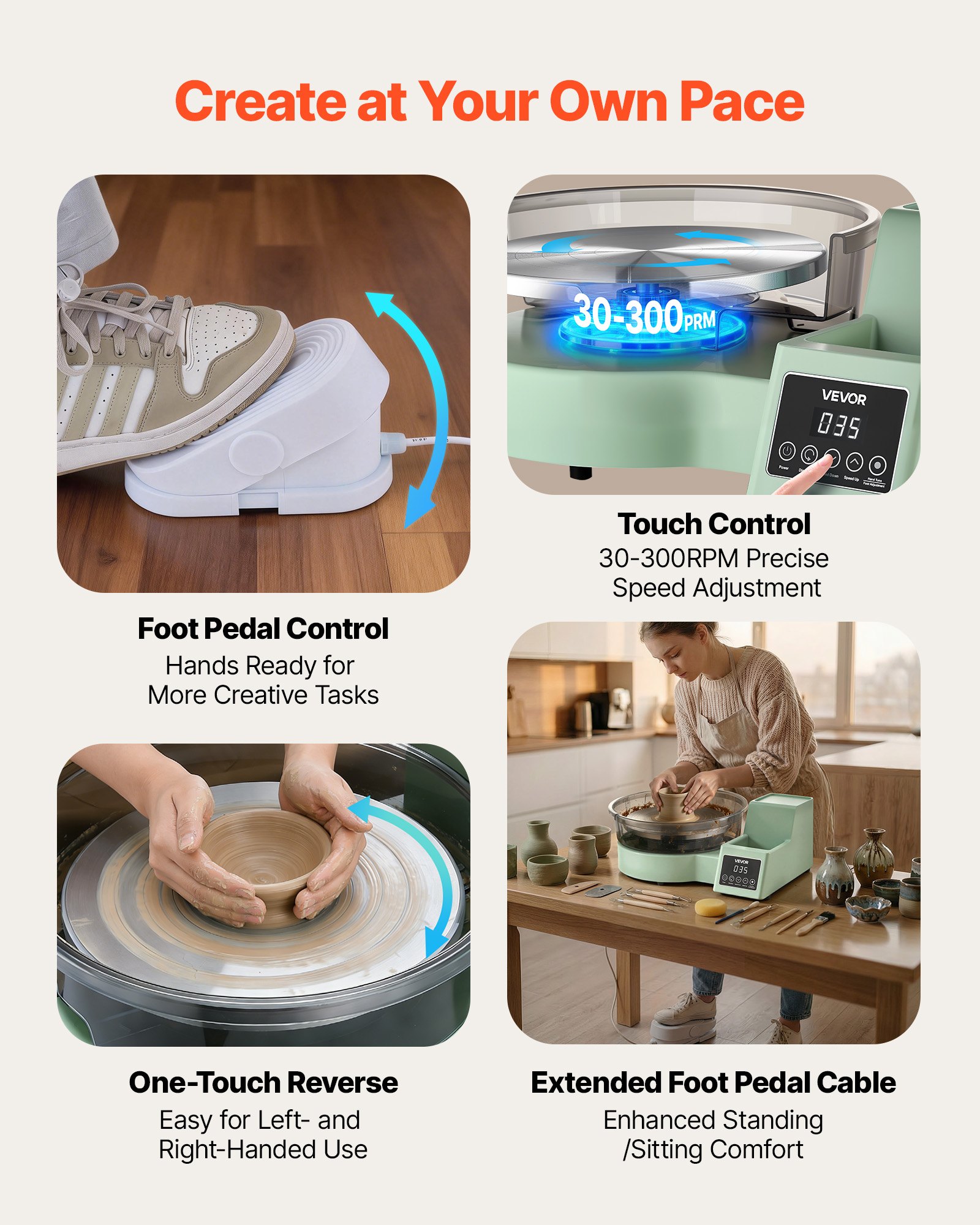 VEVOR Pottery Wheel for Adults, 28 cm Aluminum Turntable, 450W Electric Table Top Pottery Wheel with Foot Pedal, 30-300 RPM Adjustable Speed, Detachable Basin, for Beginners, DIY Clay Art Craft, Green