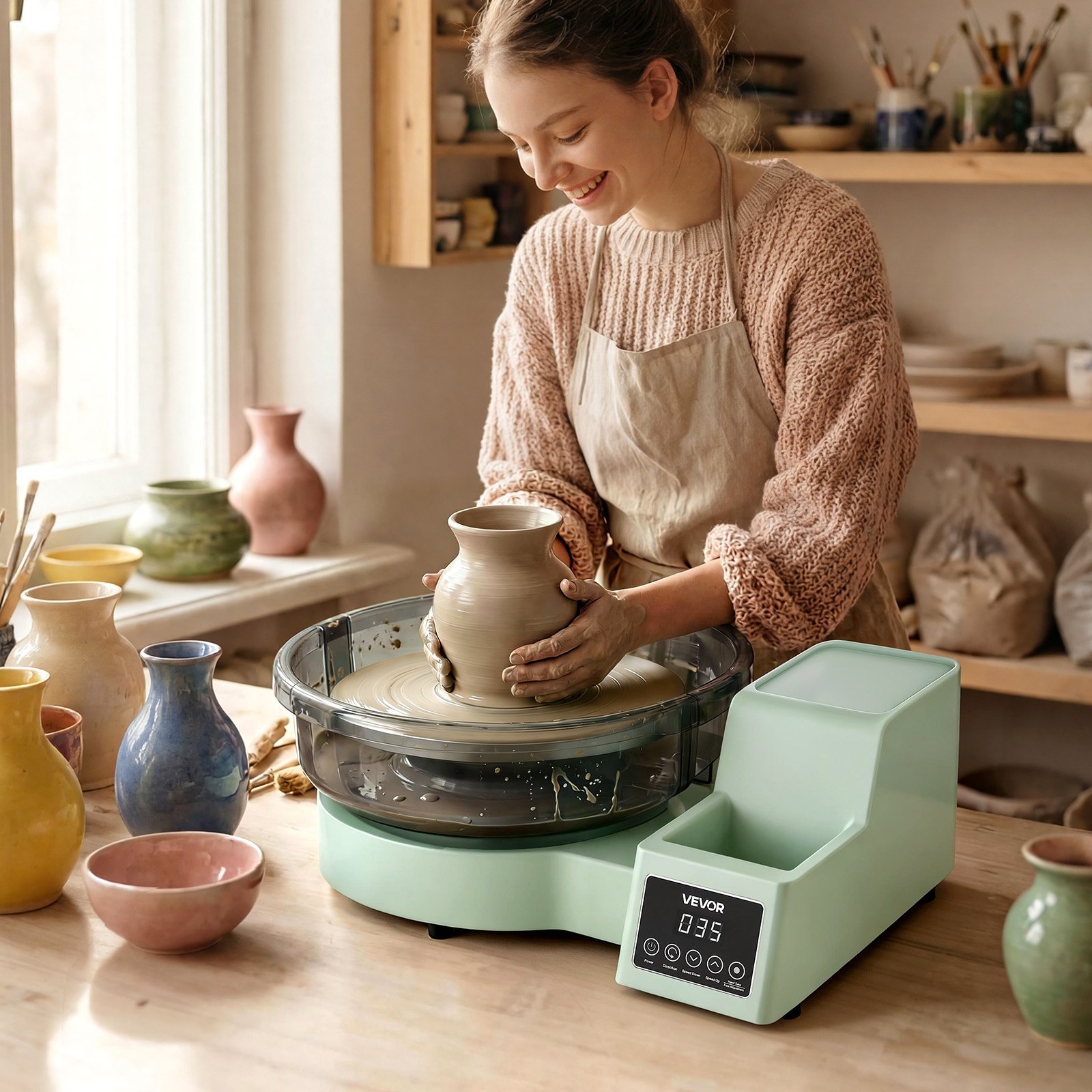 VEVOR Pottery Wheel for Adults, 28 cm Aluminum Turntable, 450W Electric Table Top Pottery Wheel with Foot Pedal, 30-300 RPM Adjustable Speed, Detachable Basin, for Beginners, DIY Clay Art Craft, Green