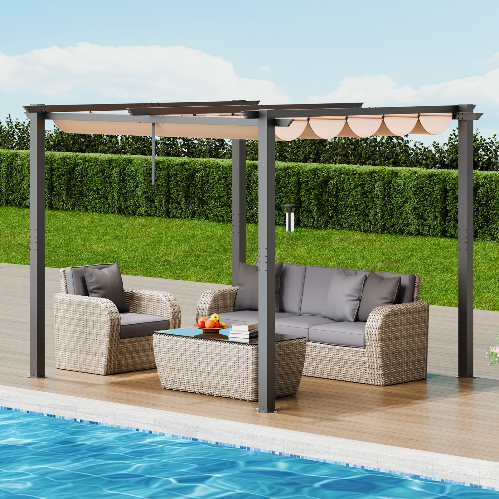 VEVOR 10'x10' Retractable Outdoor Pergola with Canopy, Aluminum Pergola with Retractable Canopy, Modern Pergola with Sunshade Roof for Patios, Gardens, Decks, Backyards (Beige)