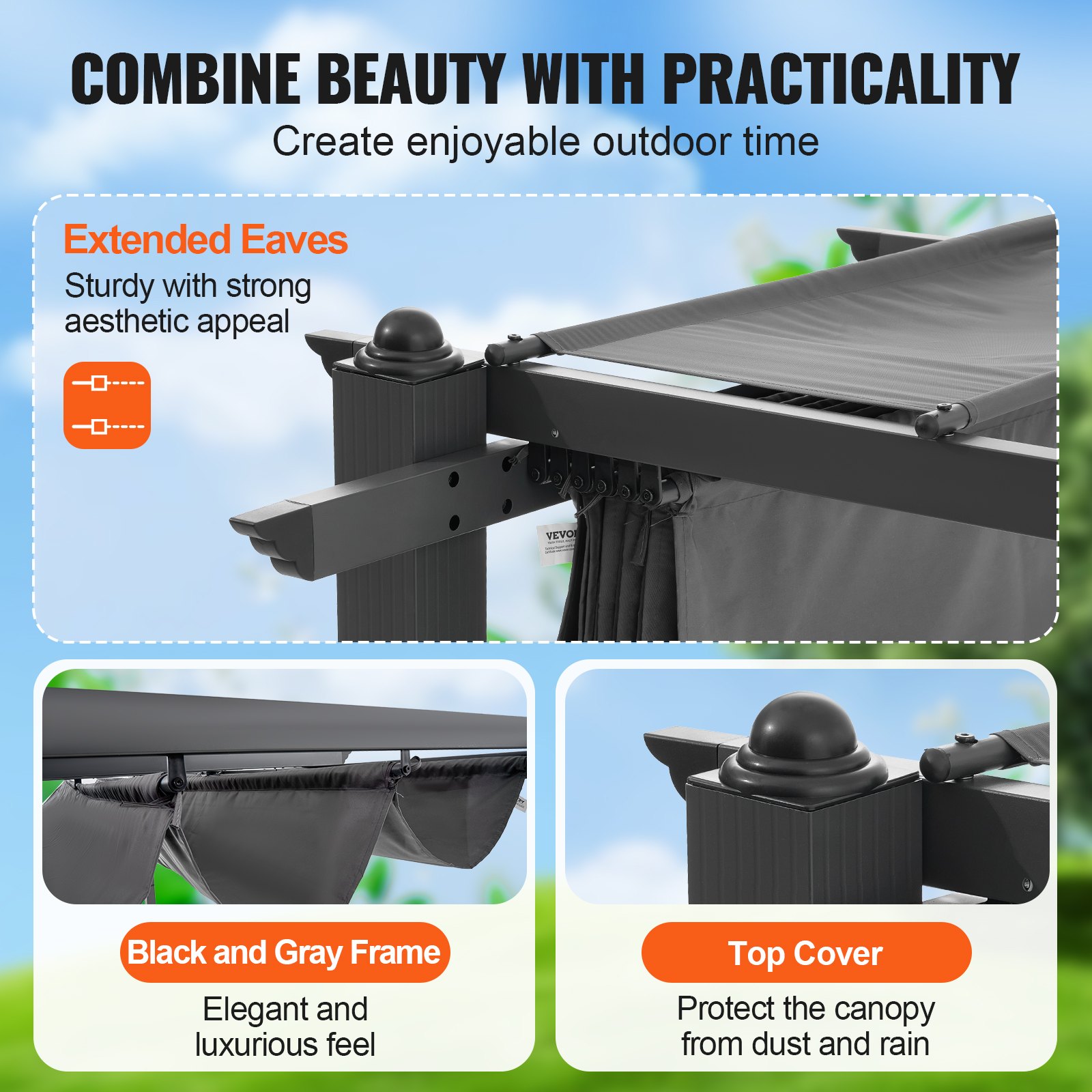 VEVOR Pergolato Retrattile per Esterni  2,97 x 2,97 x 2,3 m con Tettoia, Pergolato in Alluminio con Tettoia Retrattile, Pergolato Moderno Tettoia Parasole per Patii, Giardini, Ponti, Cortili (Grigio)
