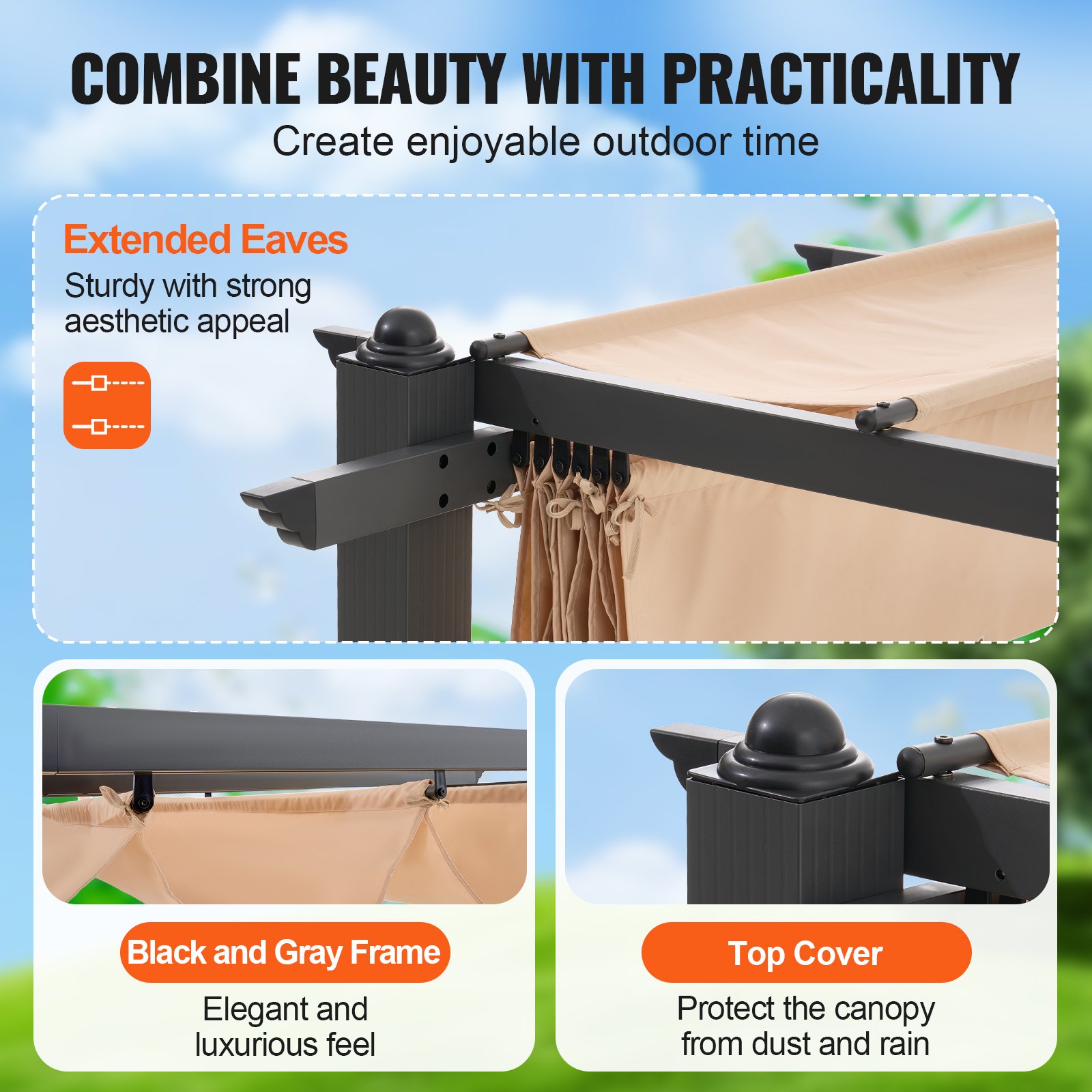 VEVOR Pergolato Retrattile per Esterni 2,96 x 3,95 x 2,3 m con Tettoia, Pergolato in Alluminio con Tettoia Retrattile, Pergolato Moderno Tettoia Parasole per Patii, Giardini, Ponti, Cortili (Beige)