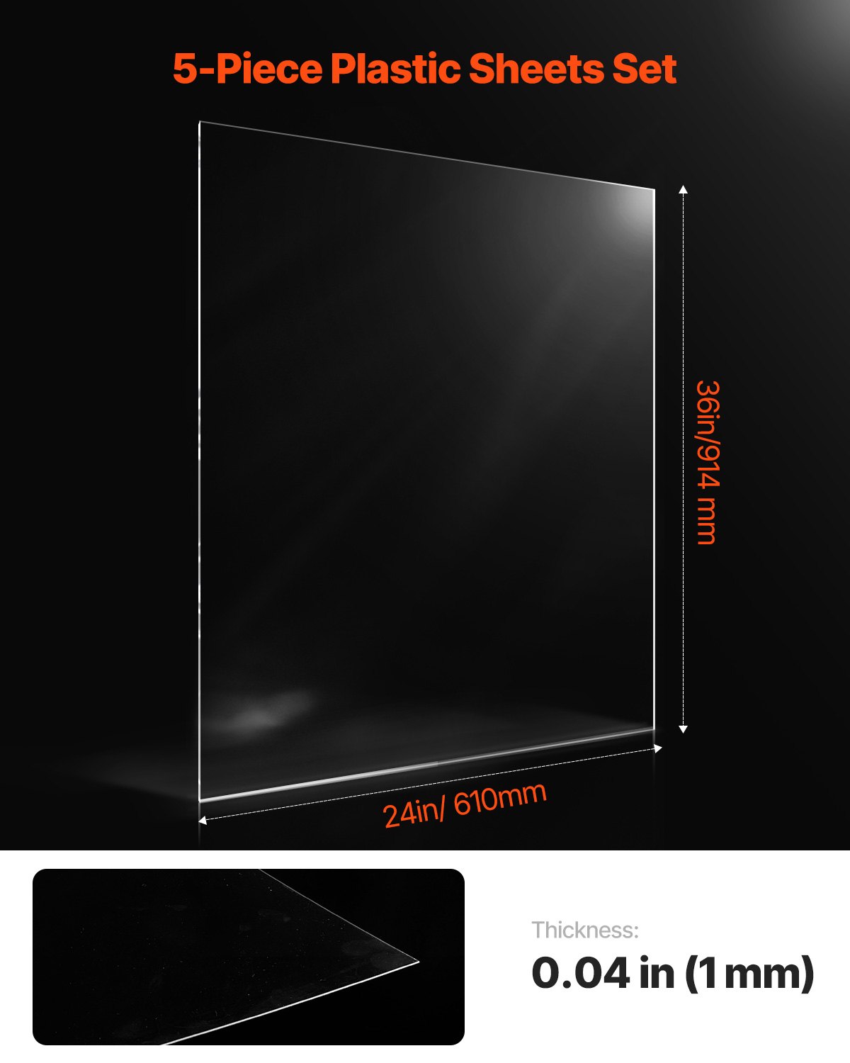 VEVOR Fogli di Plastica 5 PZ, Pannelli in Plastica Flessibile Trasparente 610 x 914 mm Spessi 1 mm per Artigianato, Vetro di Ricambio per Cornici, Progetto di Esposizione Fai da Te, Facili da Tagliare