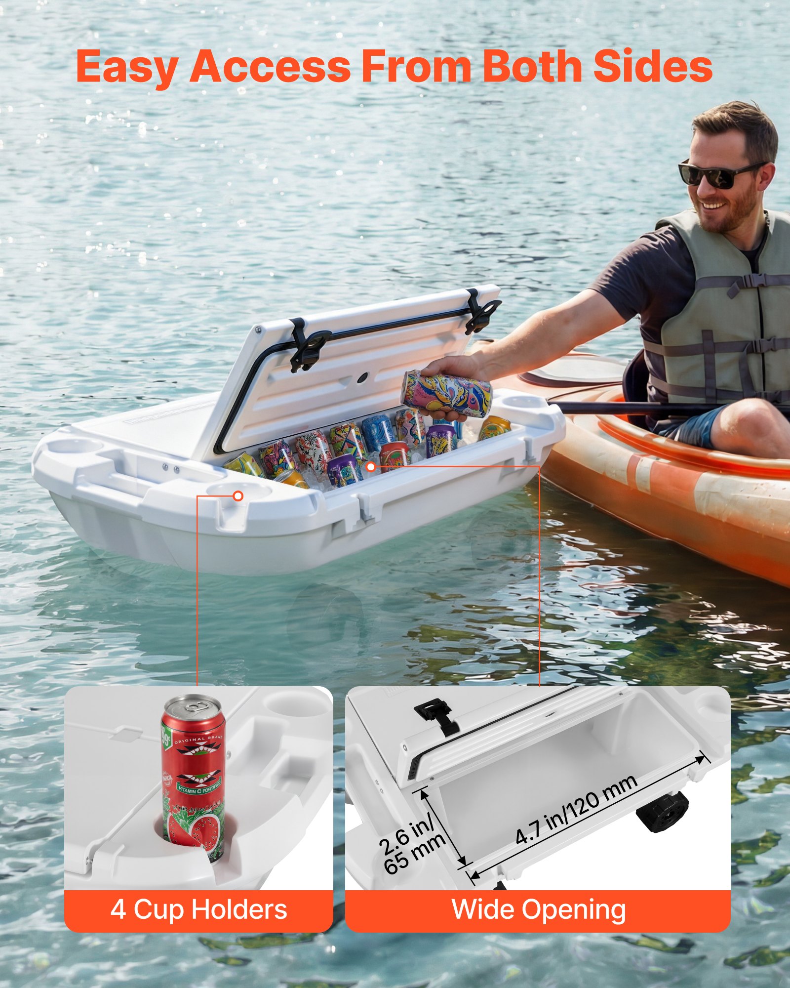 VEVOR Ghiacciaia Anfibia Galleggiante da 37,9 L con Scocca Rigida, Contenitore Frigorifero Galleggiante con Vano a Secco Portabottiglie, con Ruote e Fune di Traino per Terra Piscine Spiagge, Bianco