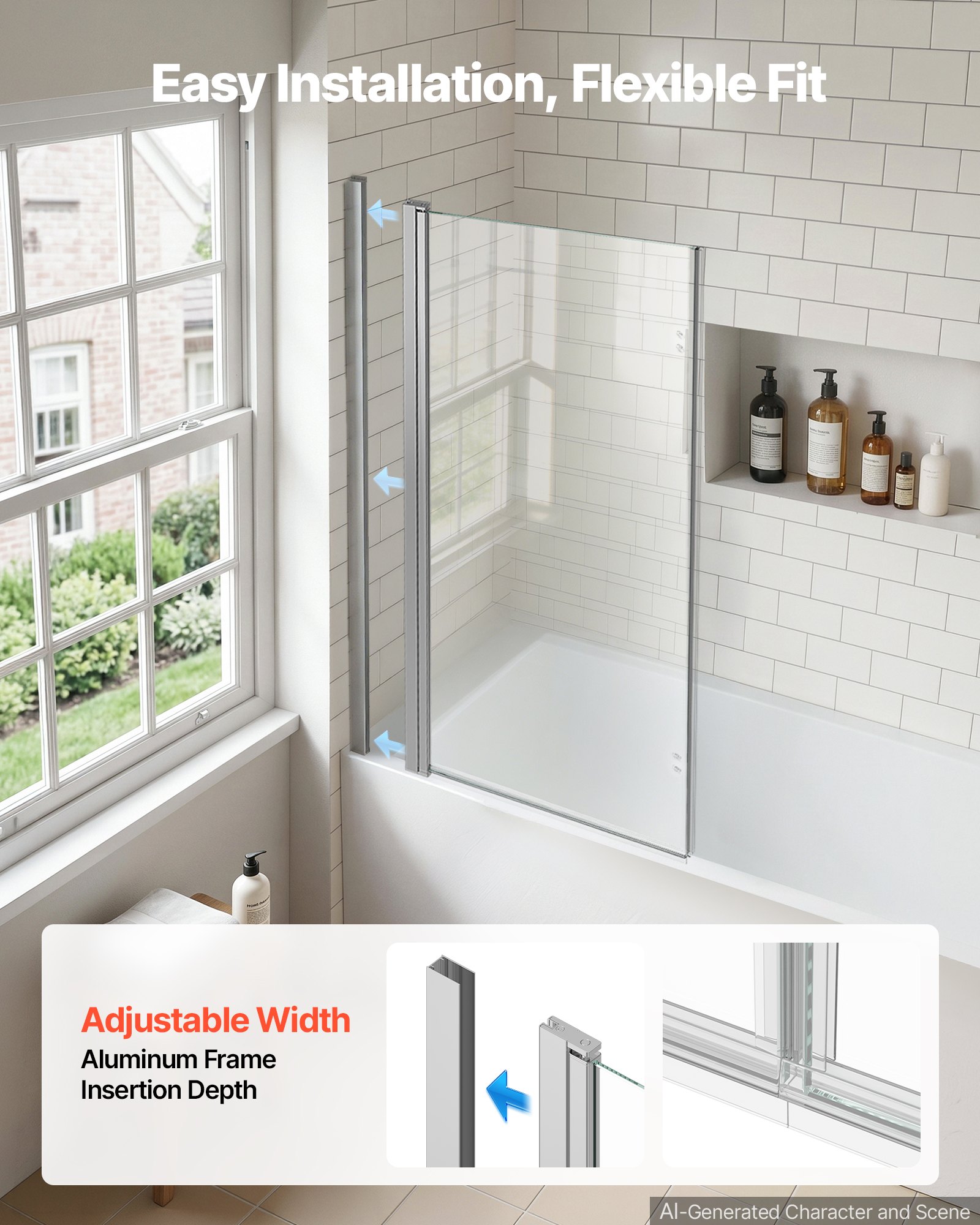 VEVOR Box Doccia per Vasca 1200 x 1400 mm in Vetro Temperato da 6 mm, Pannello Vasca Semi-senza Telaio 2 Ante con Rivestimento, Pieghevole a 180°, Colore Argento, Guarnizione Regolabile, Divisorio