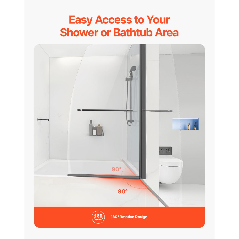 VEVOR Porta Doccia Senza Telaio per Vasca da Bagno, Larghezza 864 mm Altezza1397 mm, Mezza Porta in Vetro Temperato Girevole a 180° per Doccia con Schermo Maniglia in Acciaio Inox Nero