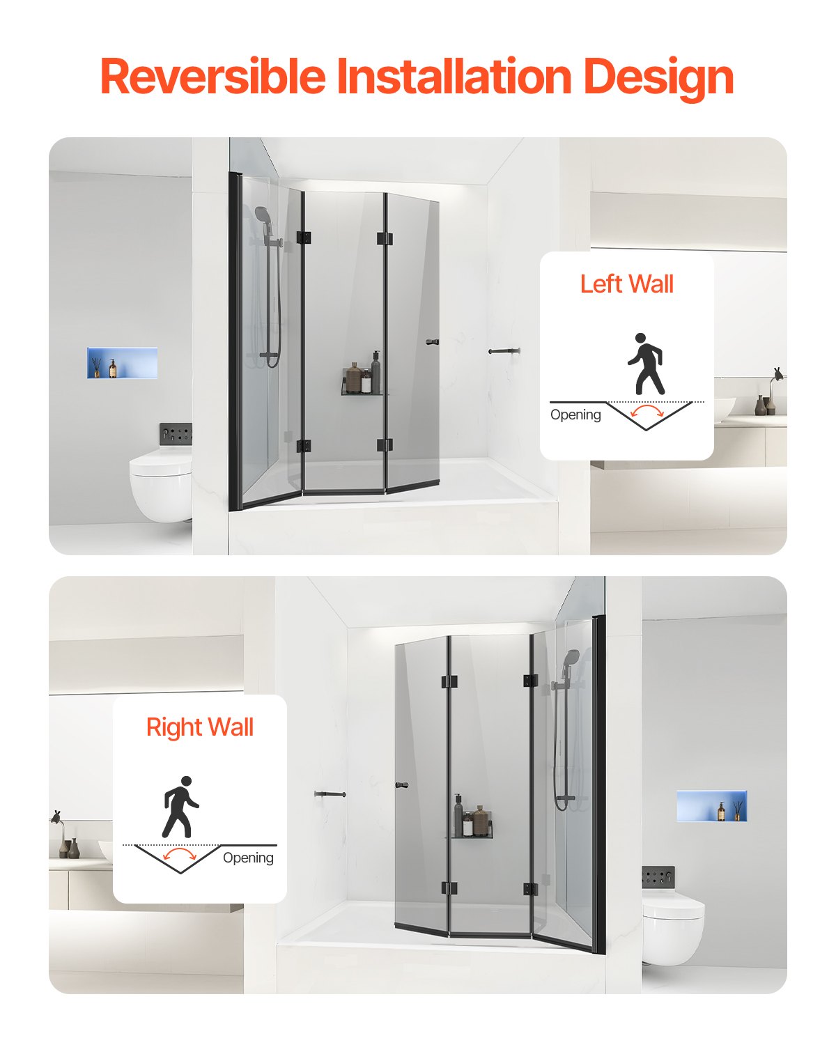 VEVOR Porta Doccia Pieghevole per Vasca da Bagno Senza Telaio, Porta Robusta a Tre Ante, in Vetro Temperato Girevole Pieghevole a 180°, per Vasca da Bagno, Colore Nero 1295 x 1422 mm