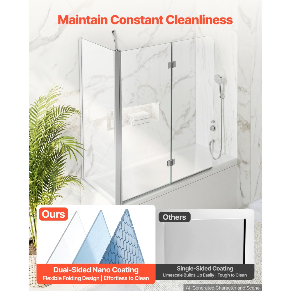 VEVOR Box Doccia per Vasca da Bagno 700/1200 x 1400 mm 2 Ante, Sopravasca Semi-senza Telaio in Vetro Temperato 6 mm, Colore Argento Pieghevole a 180°, con 1 Pannello Fisso e 2 Pieghevoli, per Bagni