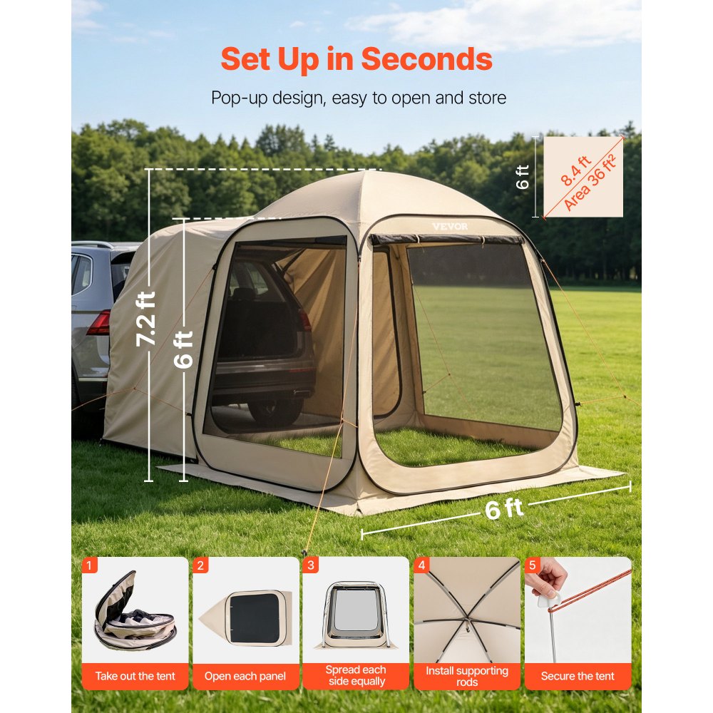 VEVOR Tenda da Campeggio da 1825 x 1825 x 2200 mm, Tenda da Portellone Posteriore per SUV da 4-6 Persone, con Zanzariera e Borsa per il Trasporto, Lati in Rete, per Giardino, Attività all'Aperto