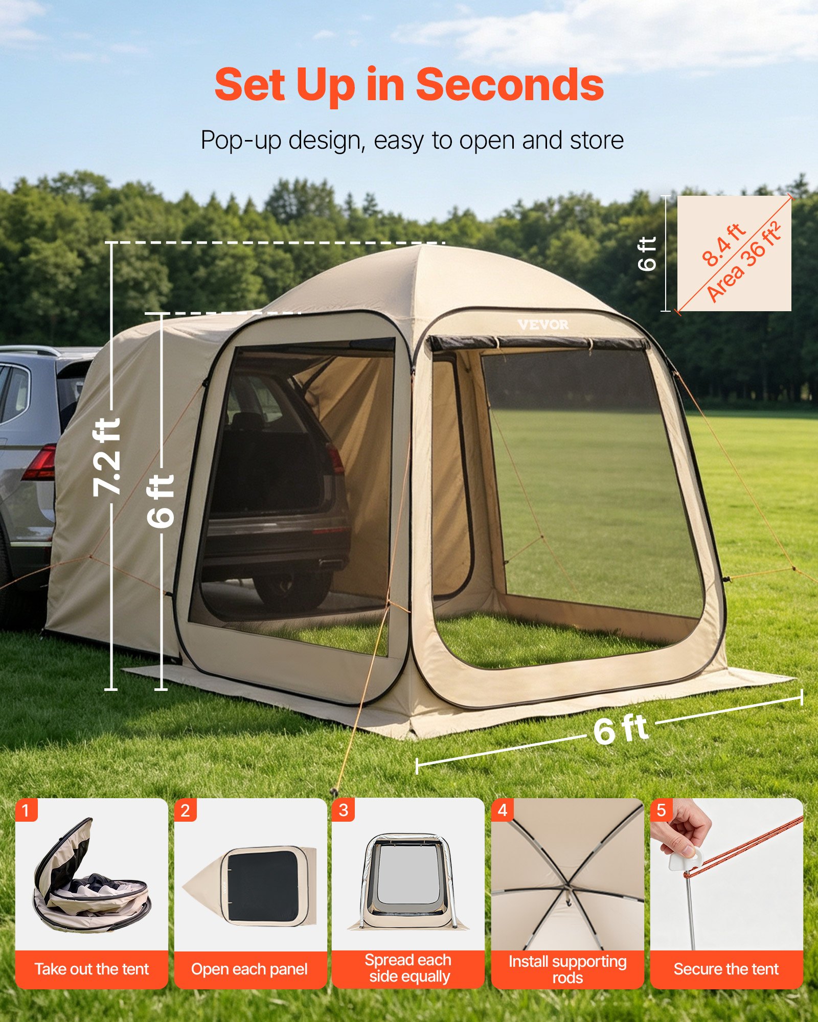 VEVOR Tenda da Campeggio da 1825 x 1825 x 2200 mm, Tenda da Portellone Posteriore per SUV da 4-6 Persone, con Zanzariera e Borsa per il Trasporto, Lati in Rete, per Giardino, Attività all'Aperto