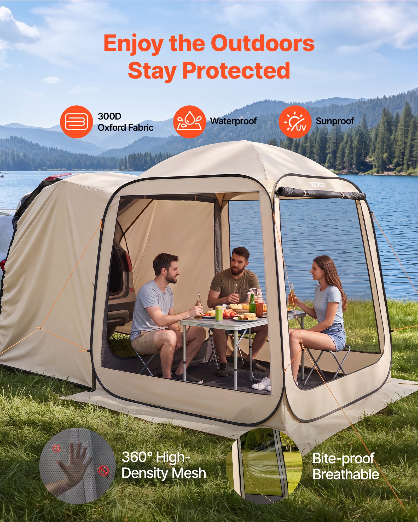 VEVOR Tenda da Campeggio da 1825 x 1825 x 2200 mm, Tenda da Portellone Posteriore per SUV da 4-6 Persone, con Zanzariera e Borsa per il Trasporto, Lati in Rete, per Giardino, Attività all'Aperto