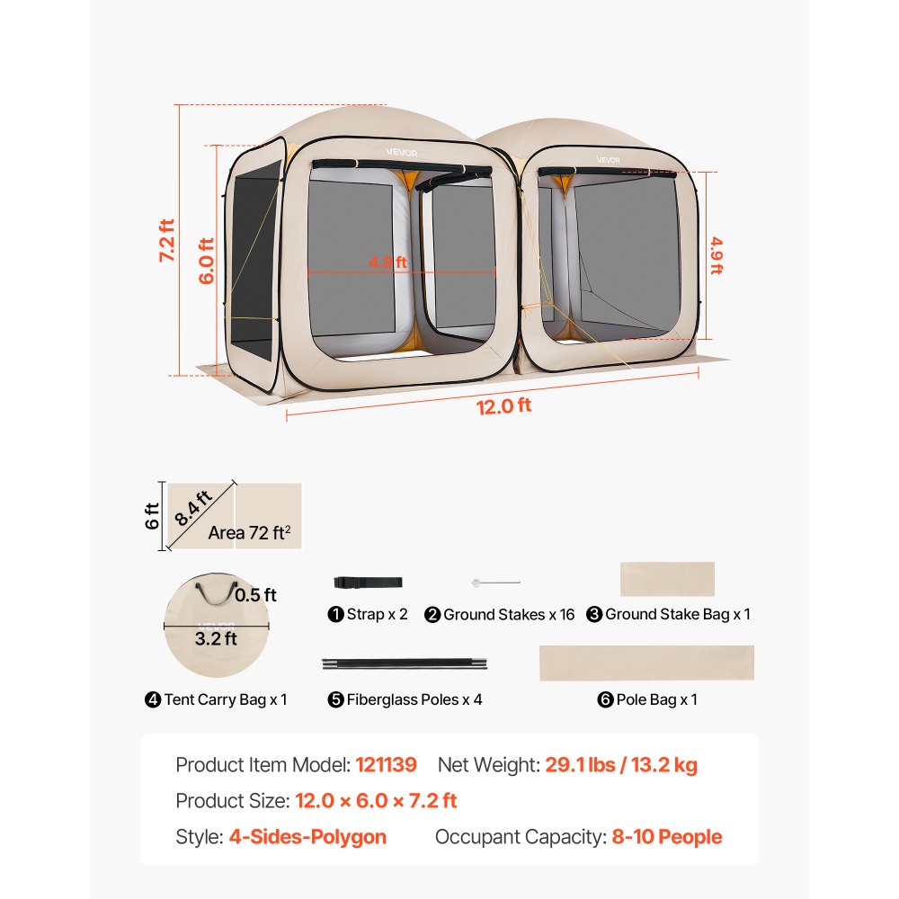 VEVOR Tenda da Campeggio Portatile da 3660 x 1825 x 2200 mm, Tenda Gazebo a Baldacchino con Borsa per il Trasporto, Lati in Rete, Picchetti da Terra, per Giardino, Patio e Attività all'Aperto