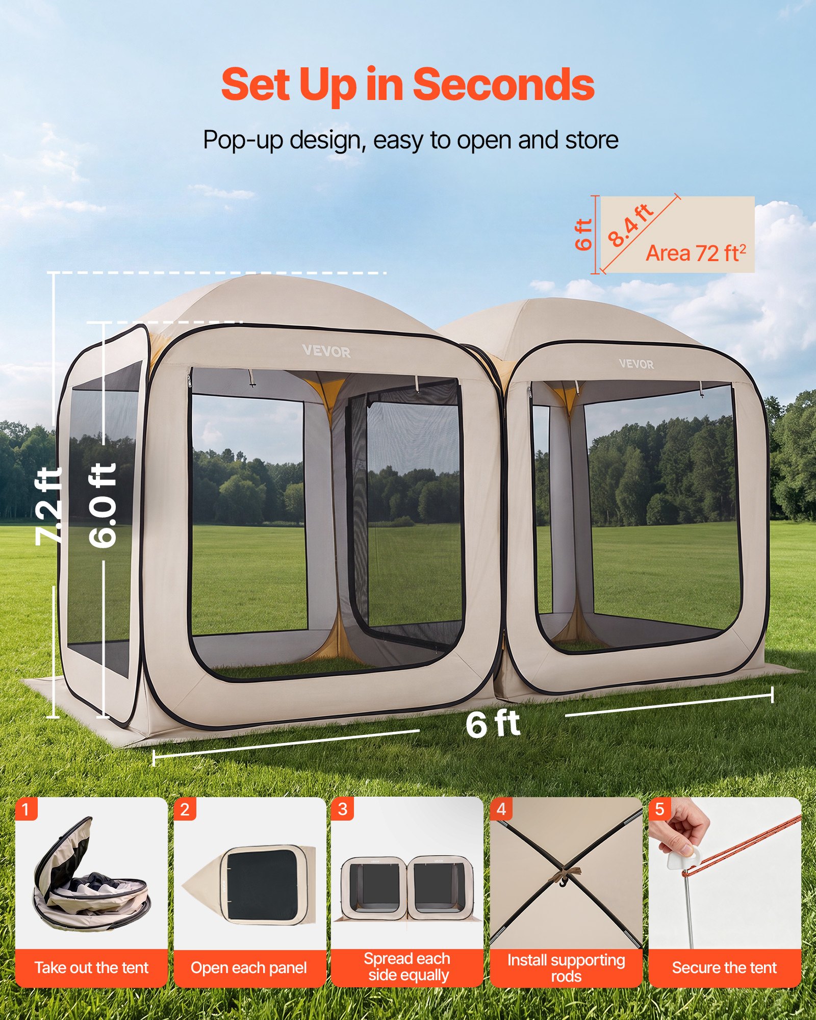VEVOR Tenda da Campeggio Portatile da 3660 x 1825 x 2200 mm, Tenda Gazebo a Baldacchino con Borsa per il Trasporto, Lati in Rete, Picchetti da Terra, per Giardino, Patio e Attività all'Aperto