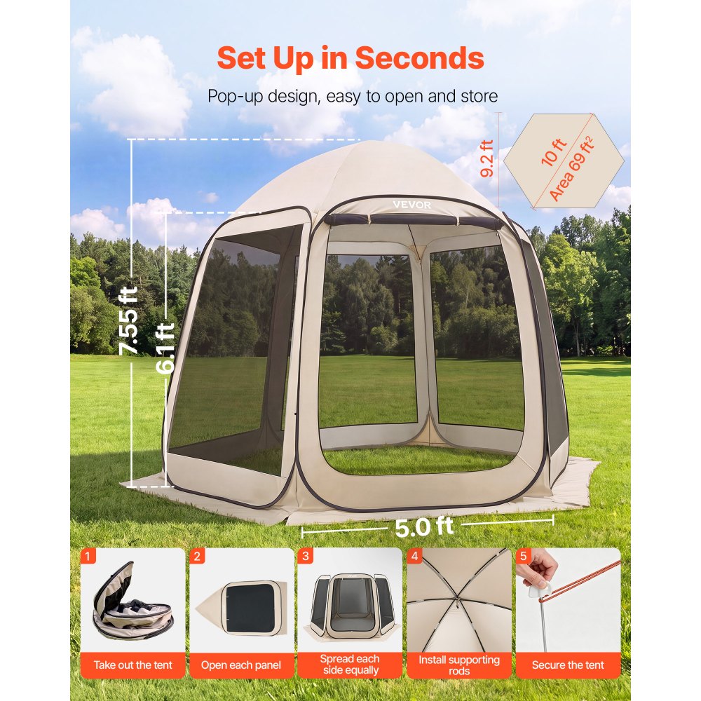 VEVOR Tenda da Campeggio Trasparente con Finestra 3030 x 2650 x 2300 mm Tenda Gazebo a Baldacchino per 4-8 Persone, con Borsa per il Trasporto, Lati in Rete, per Patio e Attività all'Aperto, Beige