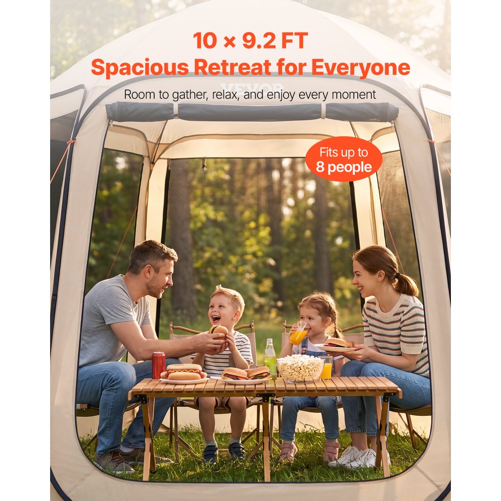 VEVOR Tenda da Campeggio Trasparente con Finestra 3030 x 2650 x 2300 mm Tenda Gazebo a Baldacchino per 4-8 Persone, con Borsa per il Trasporto, Lati in Rete, per Patio e Attività all'Aperto, Beige