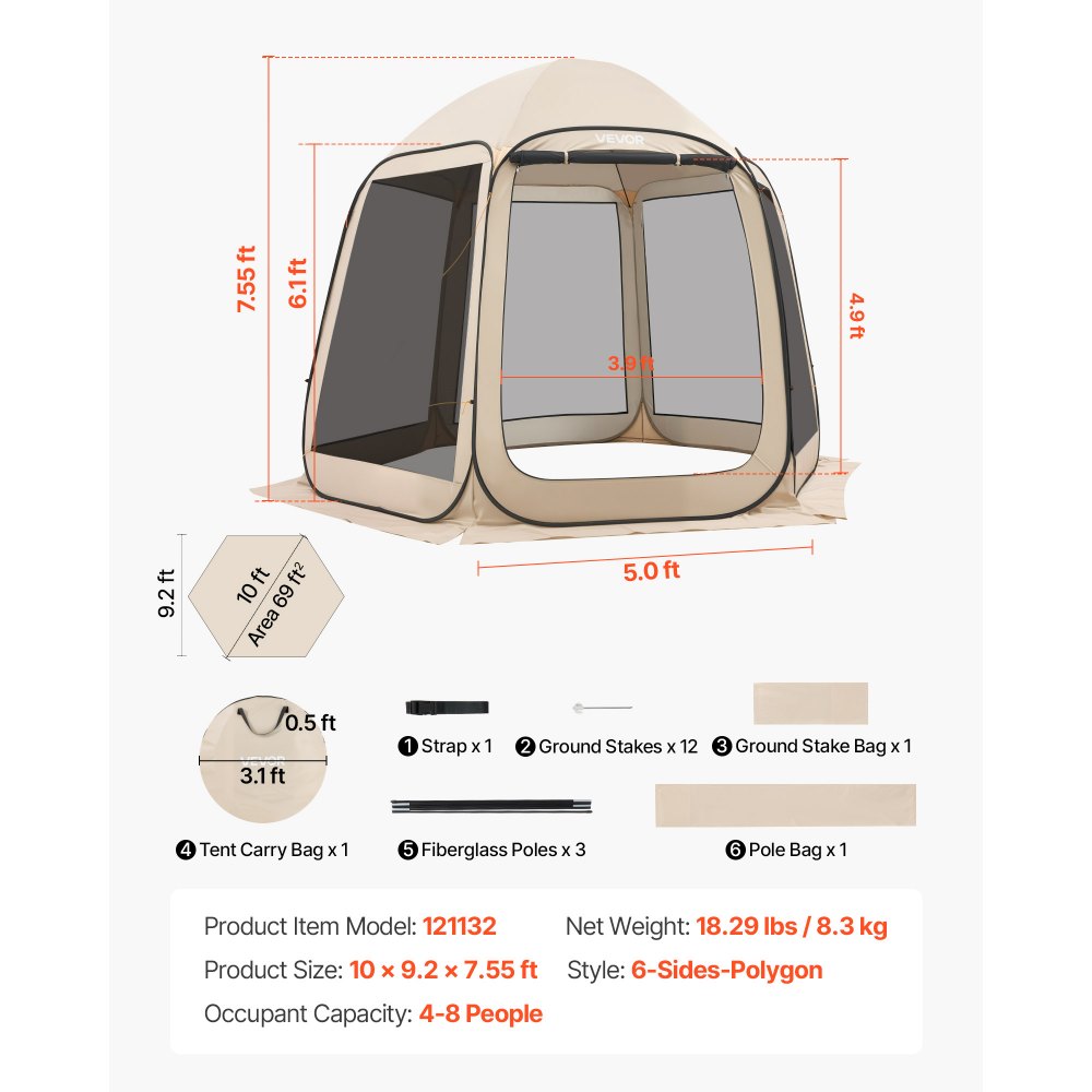 VEVOR Tenda da Campeggio Trasparente con Finestra 3030 x 2650 x 2300 mm Tenda Gazebo a Baldacchino per 4-8 Persone, con Borsa per il Trasporto, Lati in Rete, per Patio e Attività all'Aperto, Beige