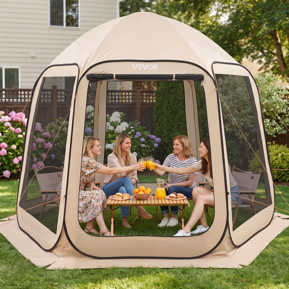 VEVOR Tenda da Campeggio Trasparente con Finestra 3030 x 2650 x 2300 mm Tenda Gazebo a Baldacchino per 4-8 Persone, con Borsa per il Trasporto, Lati in Rete, per Patio e Attività all'Aperto, Beige