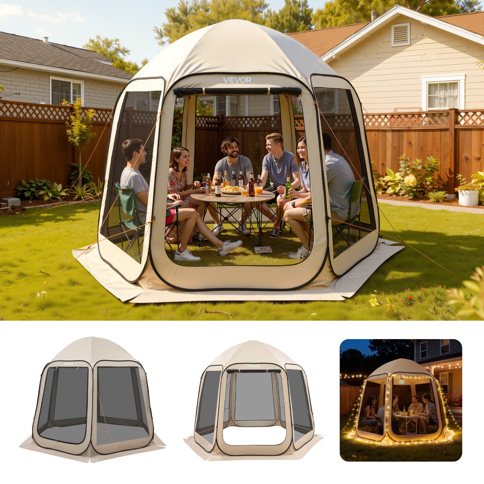 VEVOR Screen House Tent, 3030 x 2650 x 2300 mm, 4-8 Person Pop Up Screen Tent, Portable Screened in Canopy with Carry Bag, Netting Sides, Ground Stakes, for Garden, Patio, Outdoor Activities, Beige