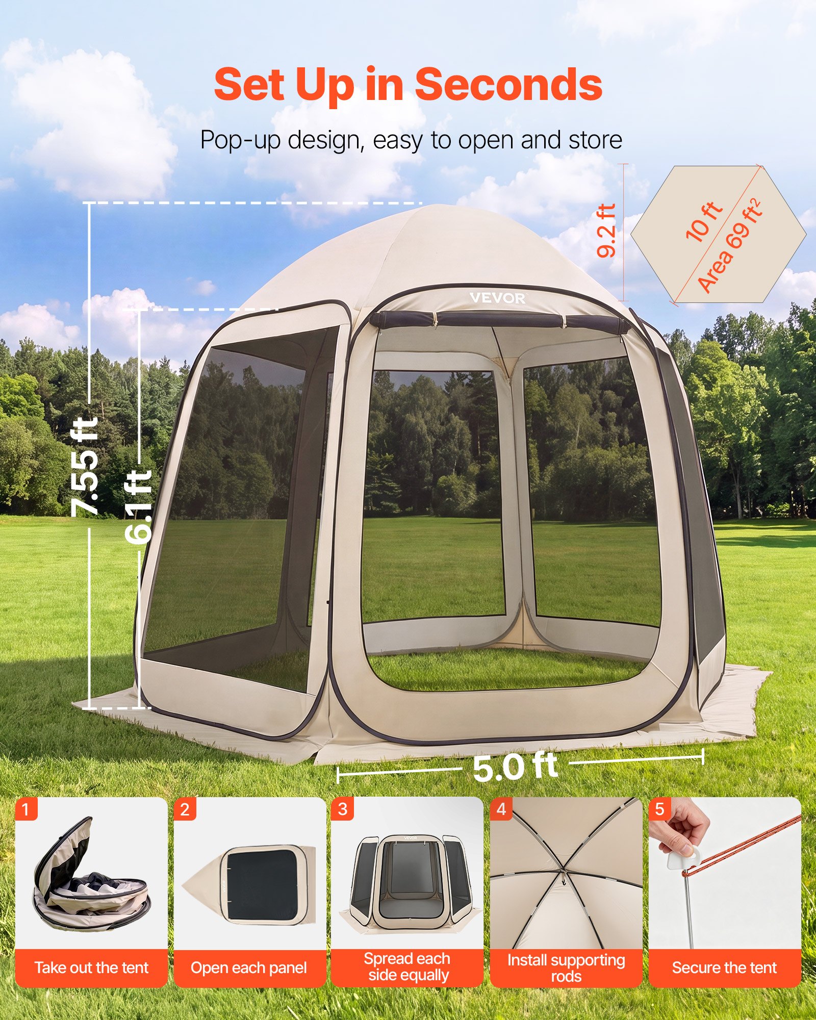 VEVOR Tenda da Campeggio Trasparente con Finestra 3030 x 2650 x 2300 mm Tenda Gazebo a Baldacchino per 4-8 Persone, con Borsa per il Trasporto, Lati in Rete, per Patio e Attività all'Aperto, Beige