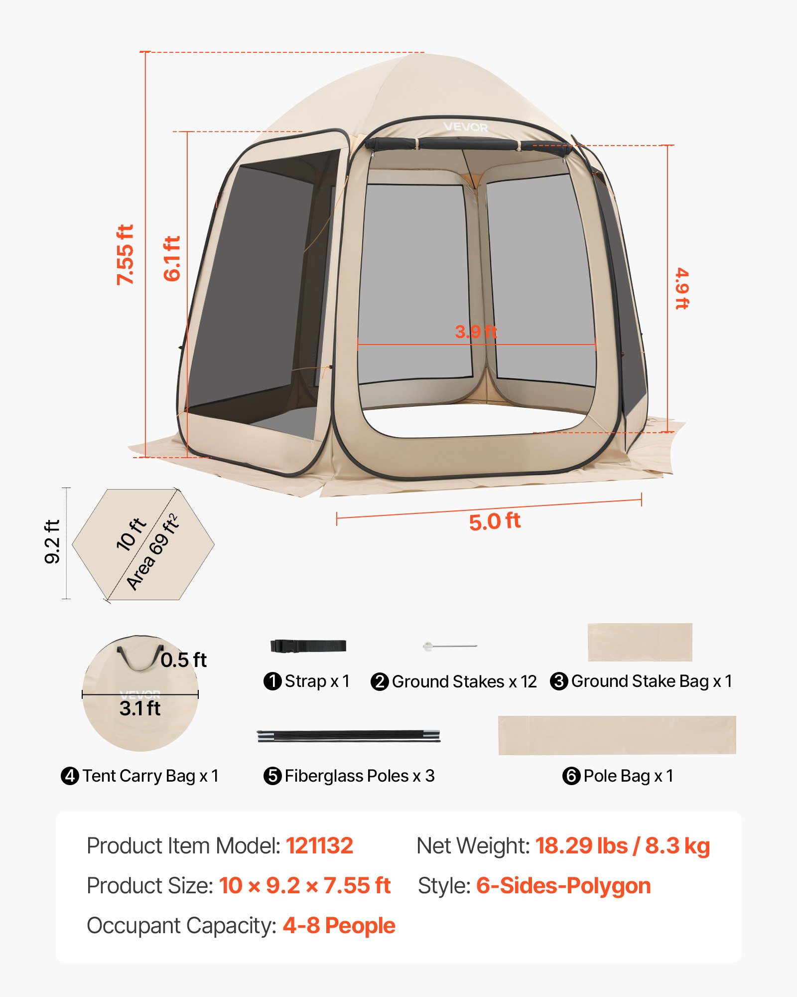 VEVOR Tenda da Campeggio Trasparente con Finestra 3030 x 2650 x 2300 mm Tenda Gazebo a Baldacchino per 4-8 Persone, con Borsa per il Trasporto, Lati in Rete, per Patio e Attività all'Aperto, Beige