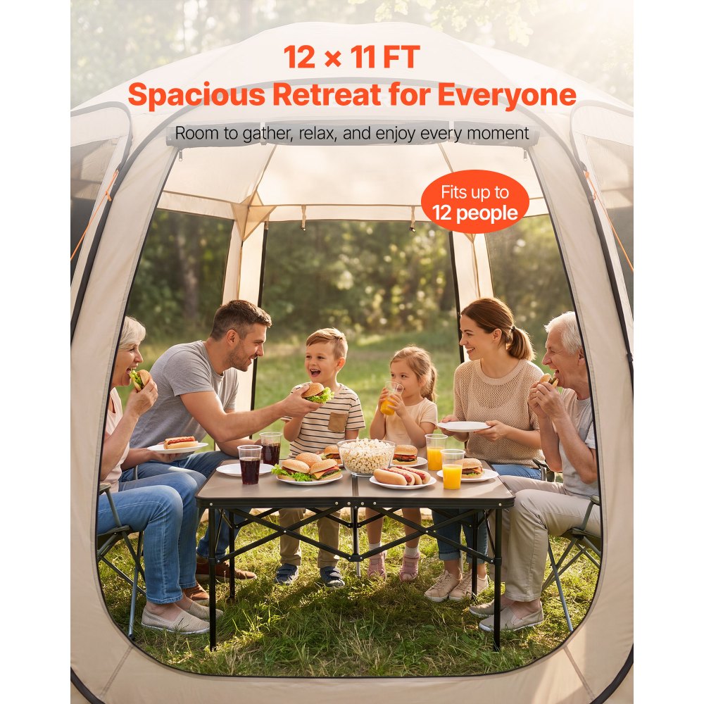 VEVOR Tenda da Campeggio Trasparente con Finestra 3660 x 3380 x 2300 mm Tenda Gazebo a Baldacchino per 10-12 Persone, con Borsa per il Trasporto, Lati in Rete, per Patio e Attività all'Aperto, Beige