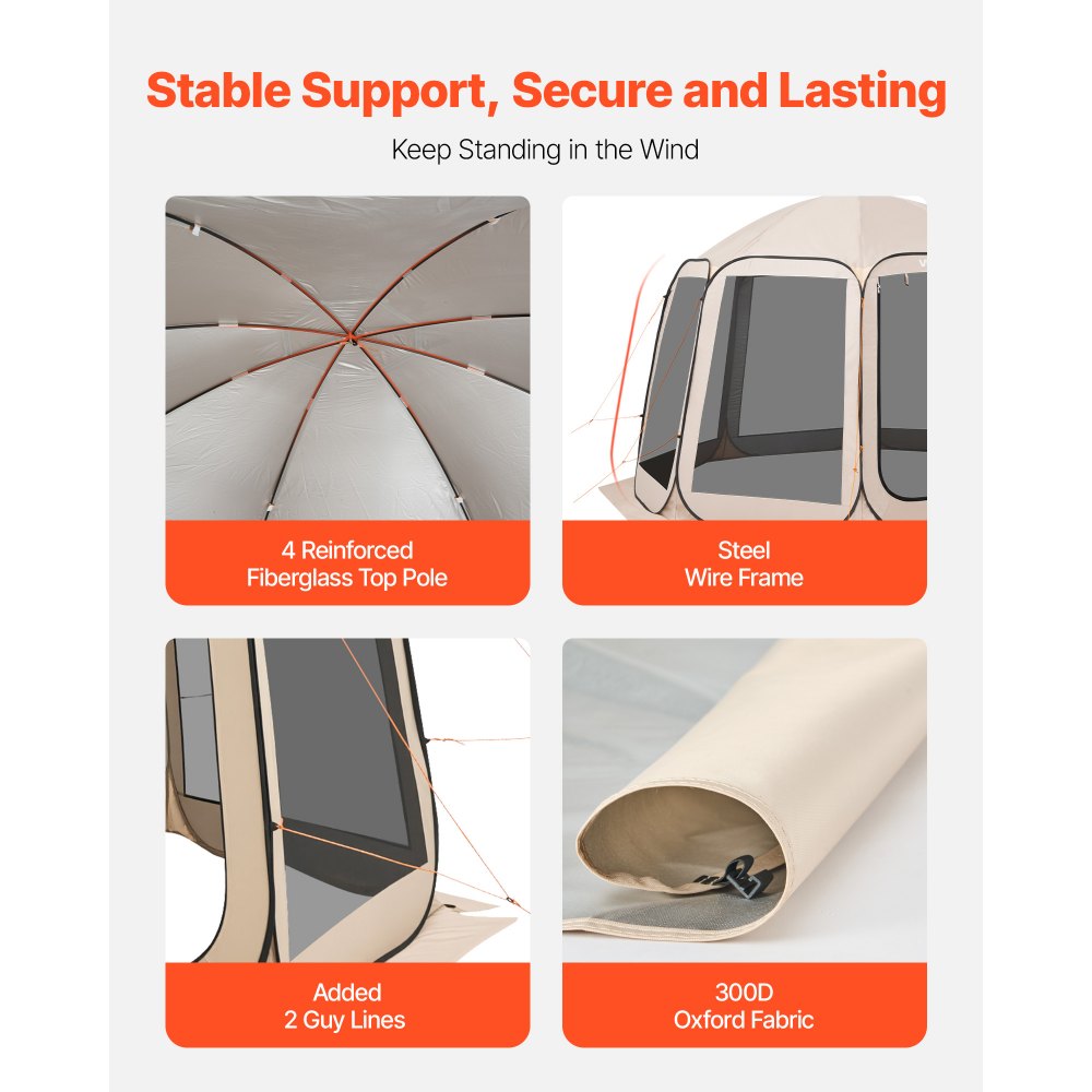 VEVOR Tenda da Campeggio Trasparente con Finestra 3660 x 3380 x 2300 mm Tenda Gazebo a Baldacchino per 10-12 Persone, con Borsa per il Trasporto, Lati in Rete, per Patio e Attività all'Aperto, Beige