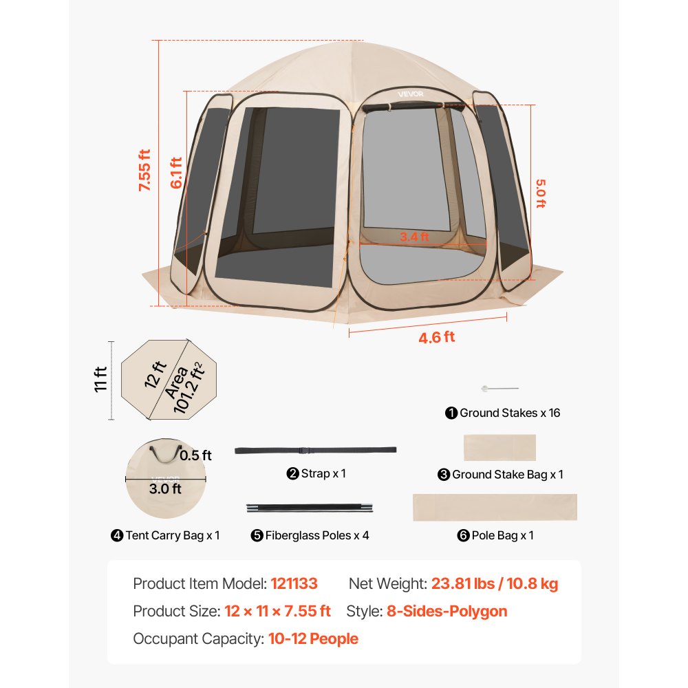 VEVOR Tenda da Campeggio Trasparente con Finestra 3660 x 3380 x 2300 mm Tenda Gazebo a Baldacchino per 10-12 Persone, con Borsa per il Trasporto, Lati in Rete, per Patio e Attività all'Aperto, Beige