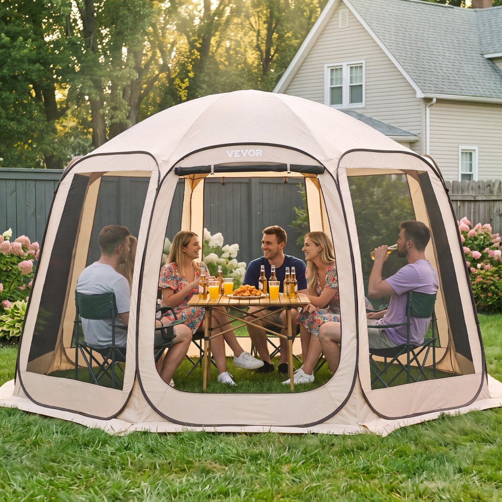 VEVOR Tenda da Campeggio Trasparente con Finestra 3660 x 3380 x 2300 mm Tenda Gazebo a Baldacchino per 10-12 Persone, con Borsa per il Trasporto, Lati in Rete, per Patio e Attività all'Aperto, Beige
