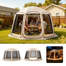 VEVOR Tenda da Campeggio Trasparente con Finestra 3660 x 3380 x 2300 mm Tenda Gazebo a Baldacchino per 10-12 Persone, con Borsa per il Trasporto, Lati in Rete, per Patio e Attività all'Aperto, Beige