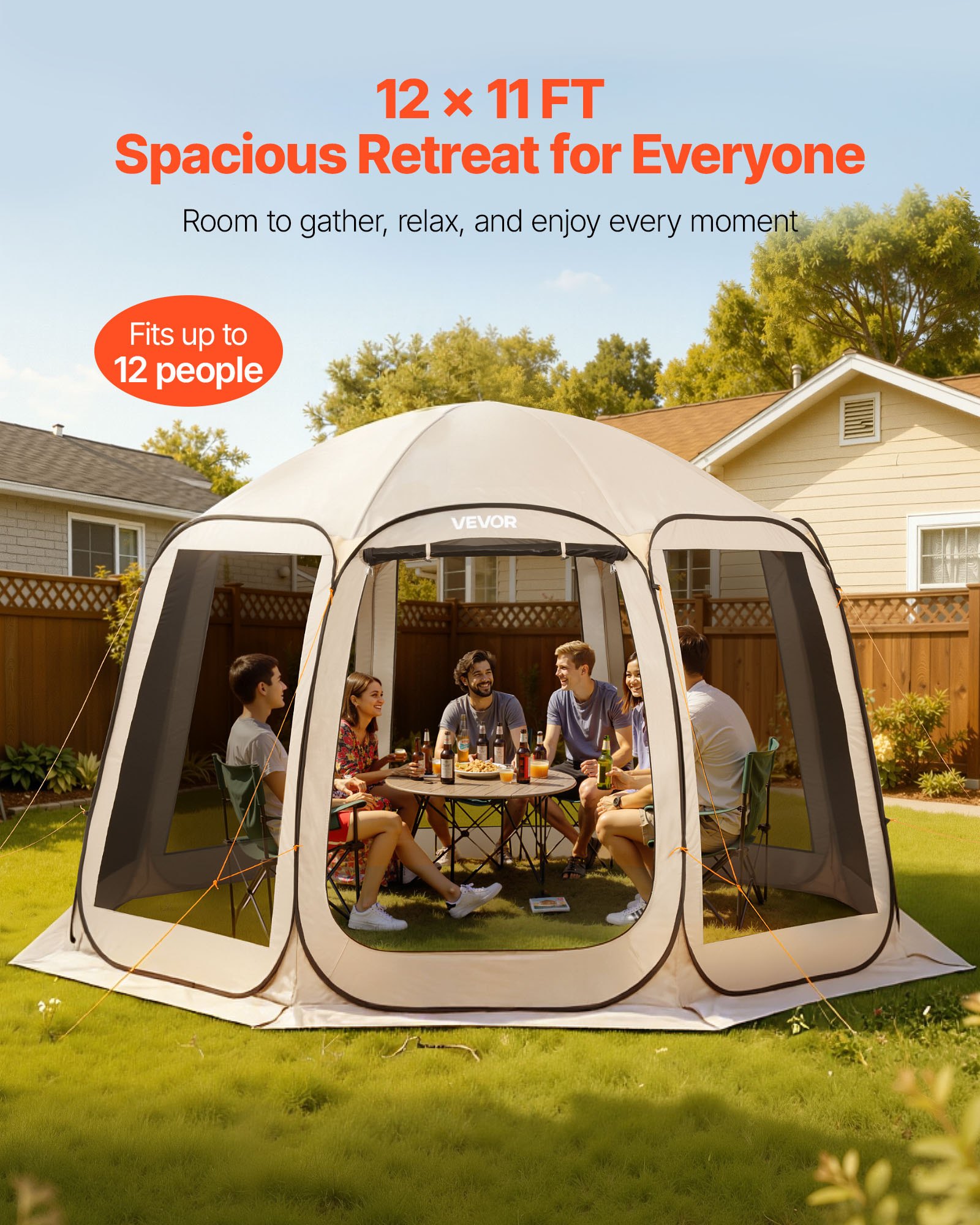 VEVOR Tenda da Campeggio Trasparente con Finestra 3660 x 3380 x 2300 mm Tenda Gazebo a Baldacchino per 10-12 Persone, con Borsa per il Trasporto, Lati in Rete, per Patio e Attività all'Aperto, Beige