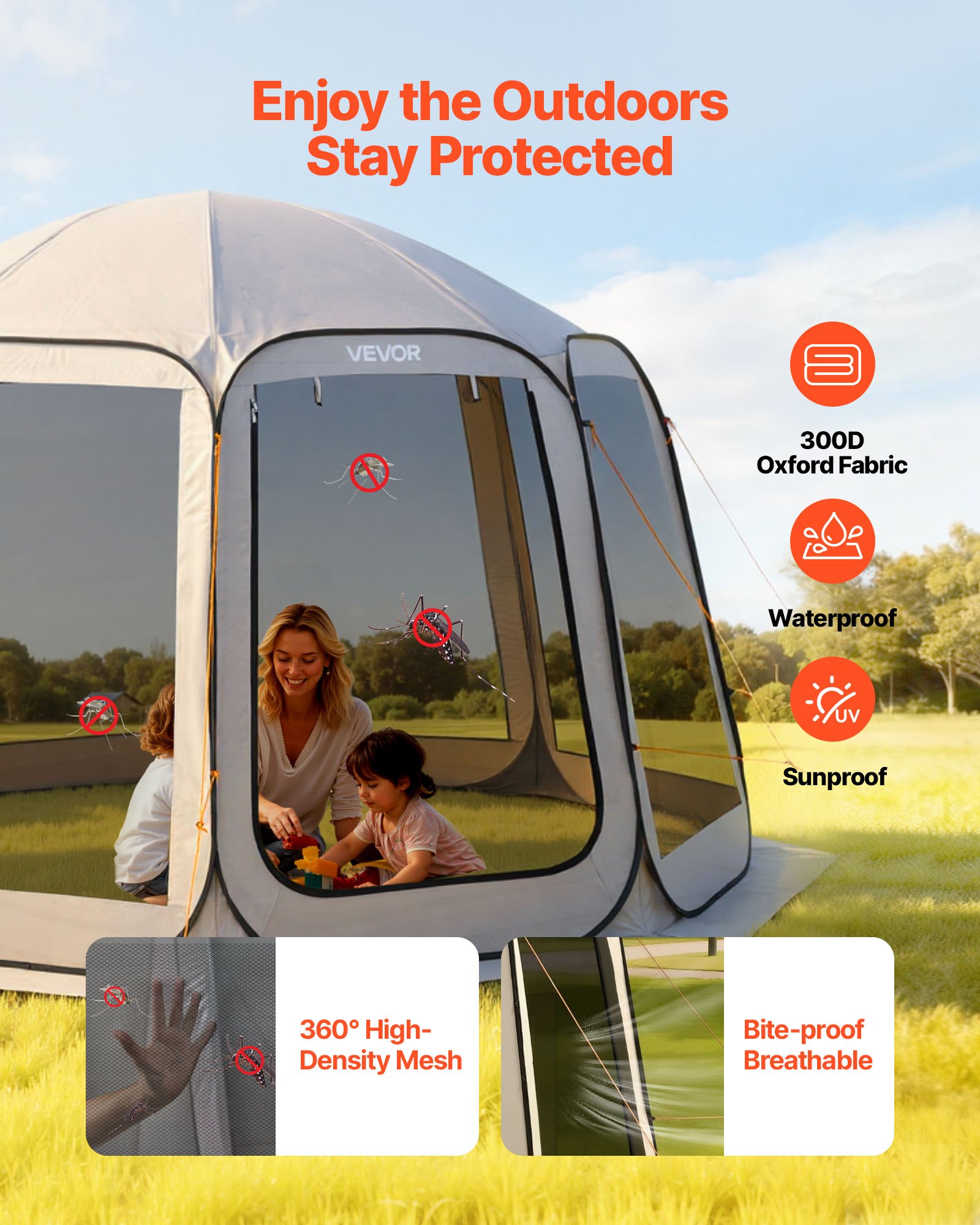 VEVOR Tenda da Campeggio Trasparente con Finestra 3660 x 3380 x 2300 mm Tenda Gazebo a Baldacchino per 10-12 Persone, con Borsa per il Trasporto, Lati in Rete, per Patio e Attività all'Aperto, Beige