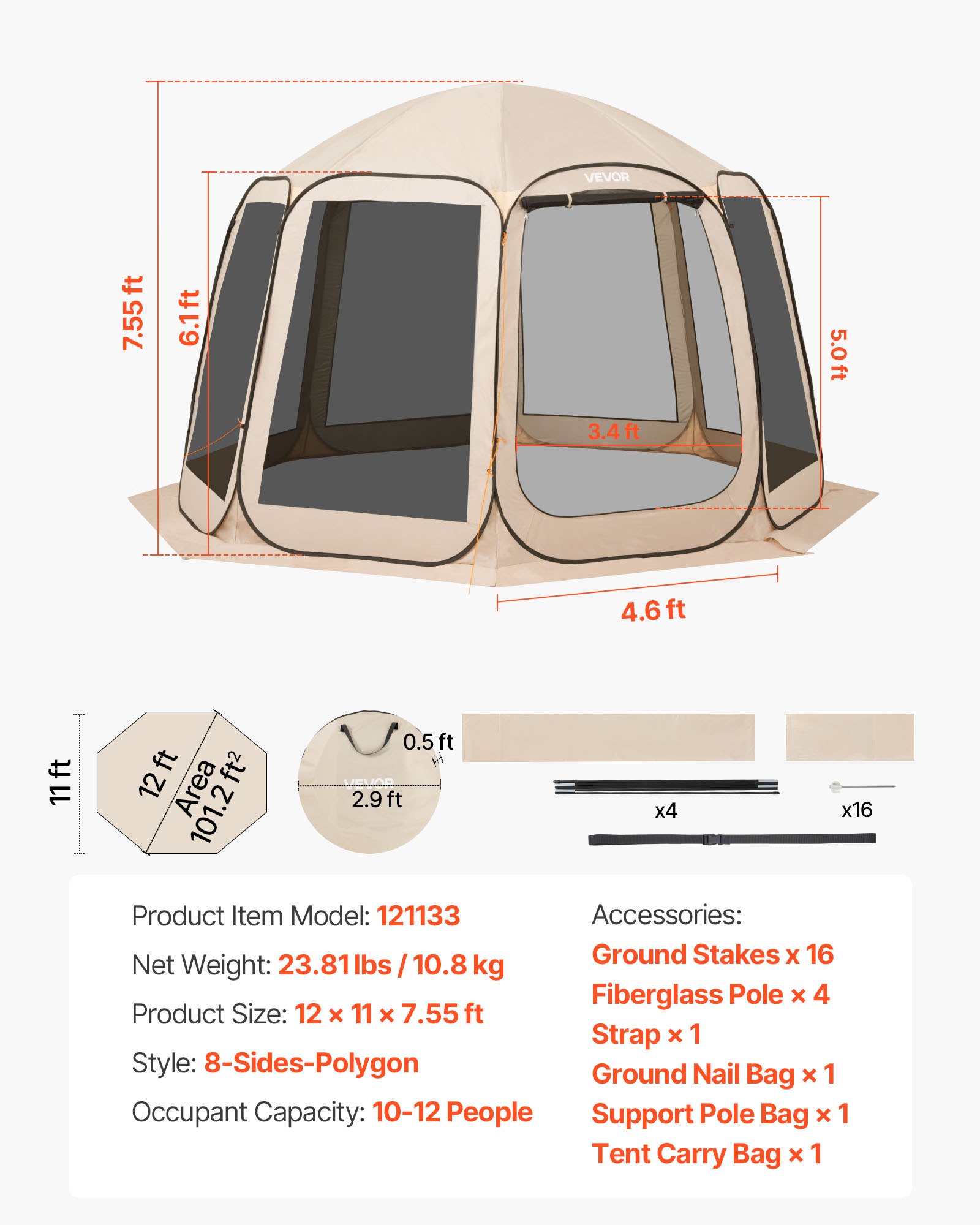 VEVOR Tenda da Campeggio Trasparente con Finestra 3660 x 3380 x 2300 mm Tenda Gazebo a Baldacchino per 10-12 Persone, con Borsa per il Trasporto, Lati in Rete, per Patio e Attività all'Aperto, Beige