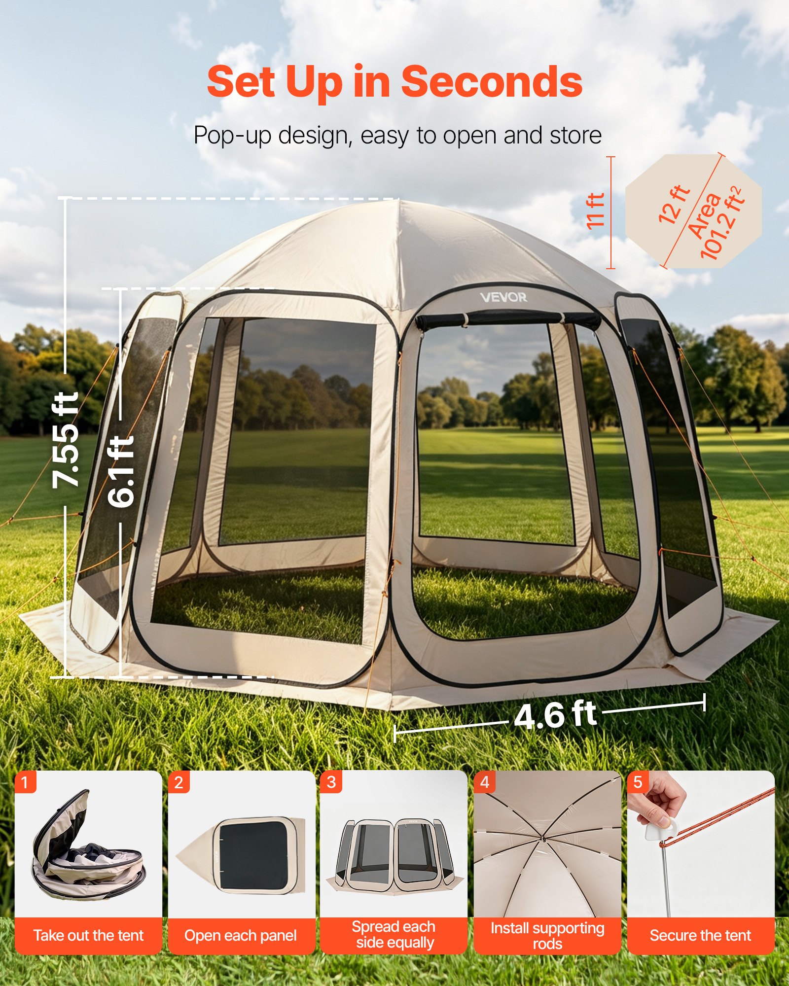 VEVOR Tenda da Campeggio Trasparente con Finestra 3660 x 3380 x 2300 mm Tenda Gazebo a Baldacchino per 10-12 Persone, con Borsa per il Trasporto, Lati in Rete, per Patio e Attività all'Aperto, Beige