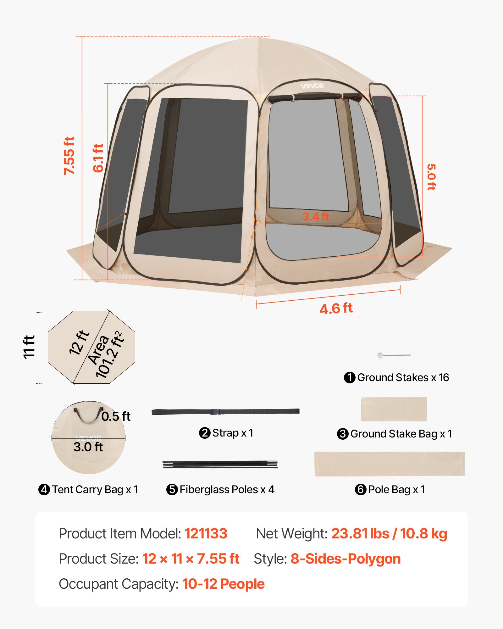 VEVOR Tenda da Campeggio Trasparente con Finestra 3660 x 3380 x 2300 mm Tenda Gazebo a Baldacchino per 10-12 Persone, con Borsa per il Trasporto, Lati in Rete, per Patio e Attività all'Aperto, Beige