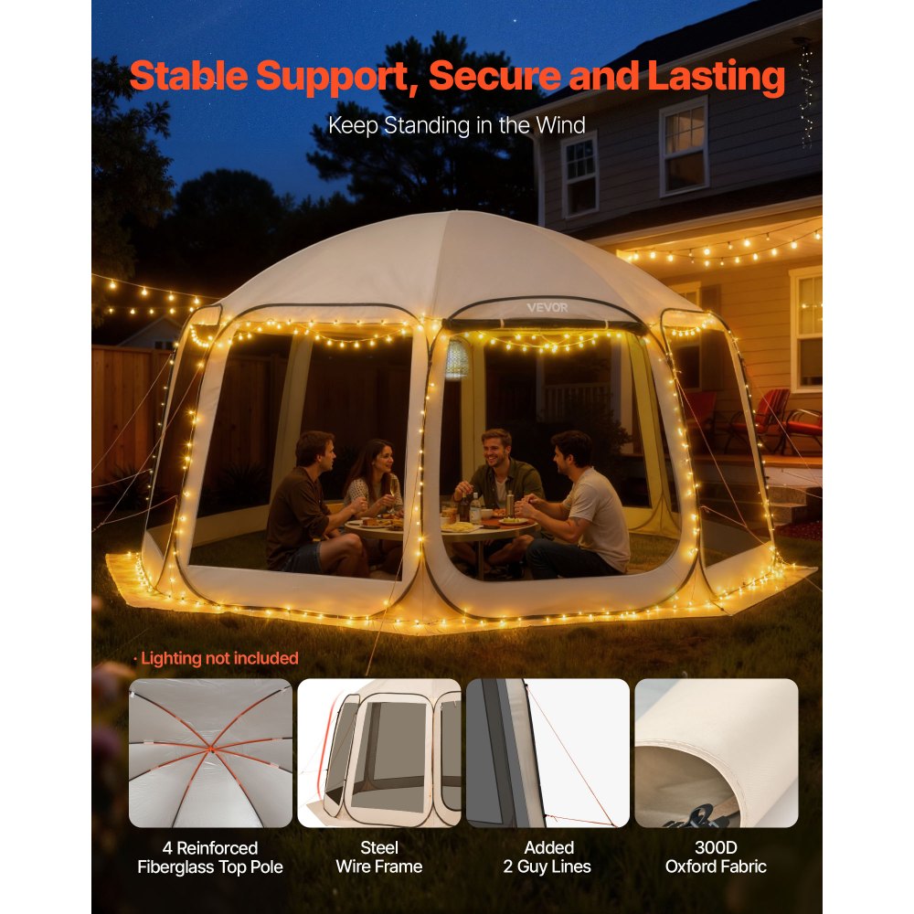 VEVOR Tenda da Campeggio Trasparente con Finestra 4500 x 4250 x 2450 mm Tenda Gazebo a Baldacchino per 12-15 Persone, con Borsa per il Trasporto, Lati in Rete, per Patio e Attività all'Aperto, Beige