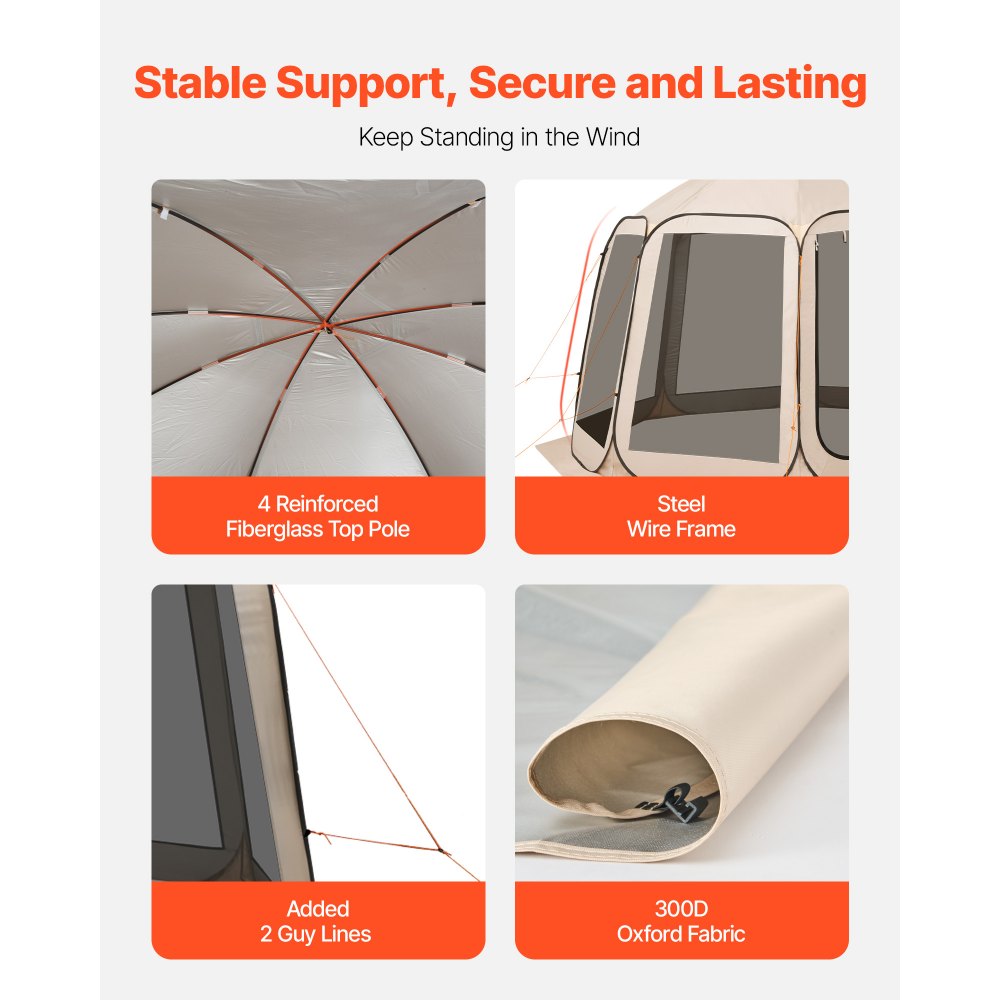 VEVOR Tenda da Campeggio Trasparente con Finestra 4500 x 4250 x 2450 mm Tenda Gazebo a Baldacchino per 12-15 Persone, con Borsa per il Trasporto, Lati in Rete, per Patio e Attività all'Aperto, Beige