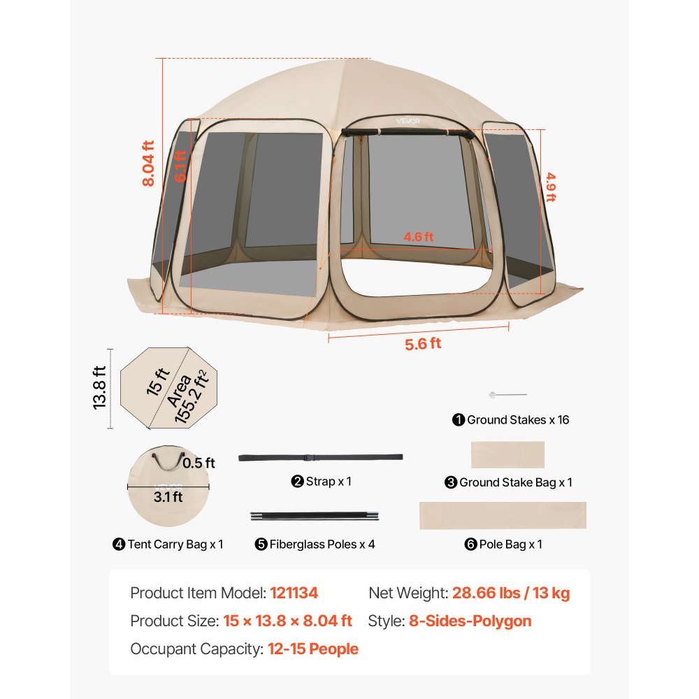 VEVOR Tenda da Campeggio Trasparente con Finestra 4500 x 4250 x 2450 mm Tenda Gazebo a Baldacchino per 12-15 Persone, con Borsa per il Trasporto, Lati in Rete, per Patio e Attività all'Aperto, Beige