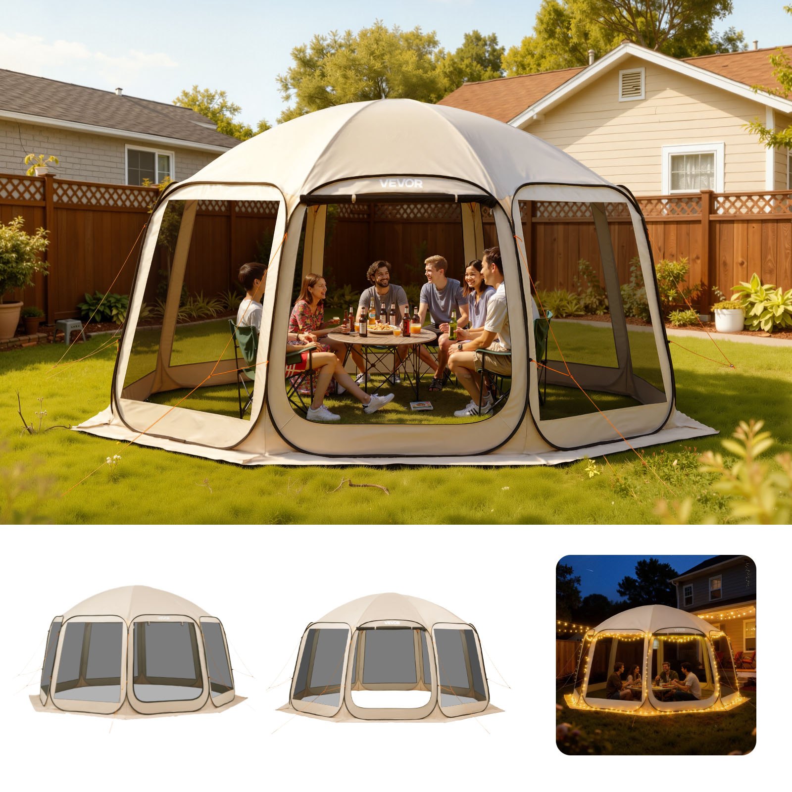 VEVOR Tenda da Campeggio Trasparente con Finestra 4500 x 4250 x 2450 mm Tenda Gazebo a Baldacchino per 12-15 Persone, con Borsa per il Trasporto, Lati in Rete, per Patio e Attività all'Aperto, Beige
