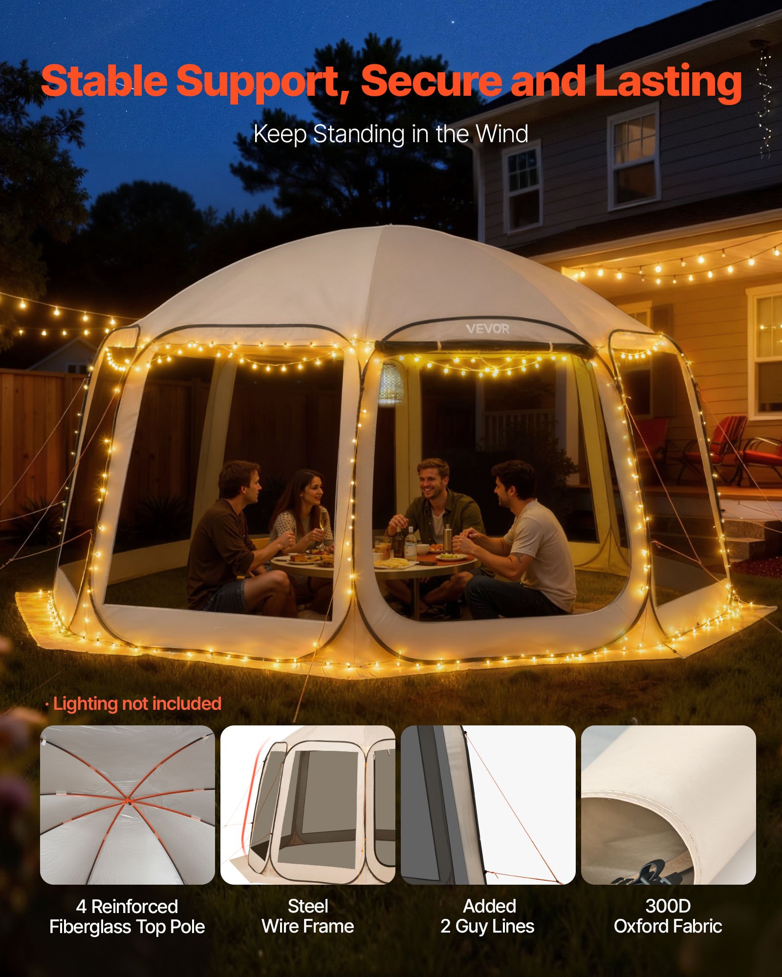 VEVOR Tenda da Campeggio Trasparente con Finestra 4500 x 4250 x 2450 mm Tenda Gazebo a Baldacchino per 12-15 Persone, con Borsa per il Trasporto, Lati in Rete, per Patio e Attività all'Aperto, Beige